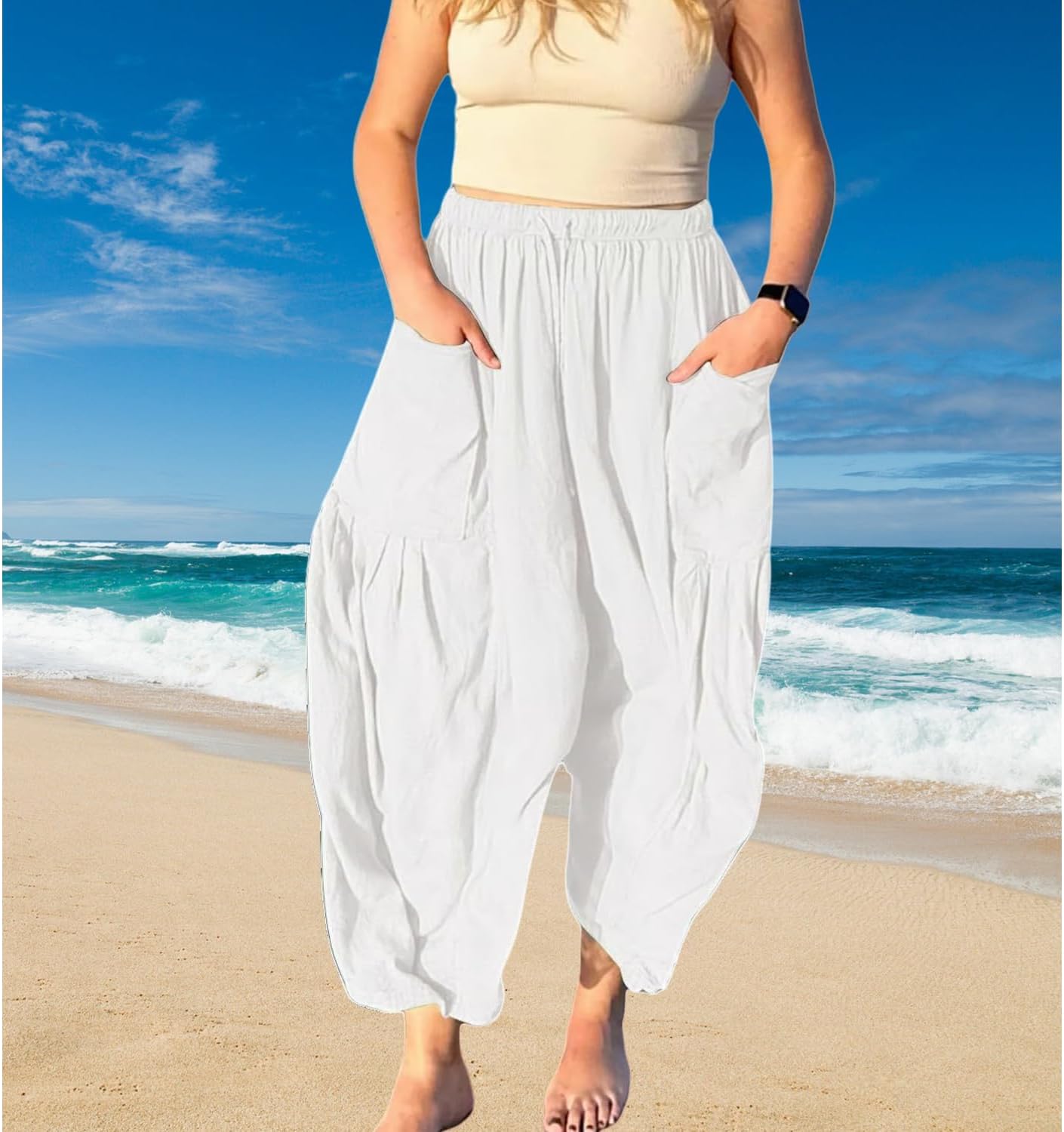 Women's Linen Wide Leg Pants with Pockets,Casual Loose Drawstring Summer Beach Travel Vacation Palazzo Harem