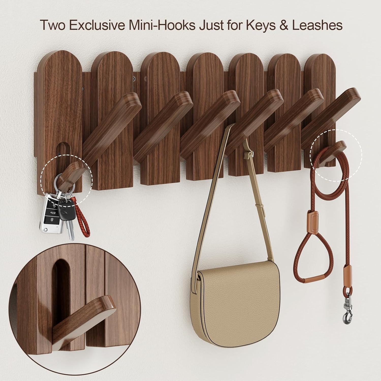 Walnut Wood Coat Rack Wall Mount,16.5" Wall Mounted Coat Rack with 8 Retractable Hangers,Heavy Duty Coat Hooks for Hanging Coats,Hats,Towels,Bags,Key Holder for Entryway