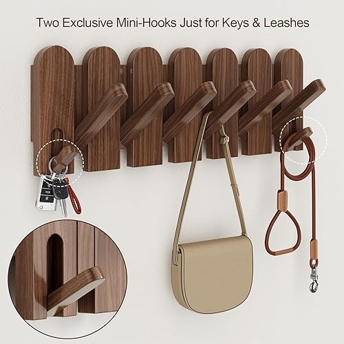 Miniatura 4 de Ganchos de madera de nogal montados en la pared, perchero de pared con 8 ganchos, ganchos resistentes para colgar abrigos, llaves, sombreros,