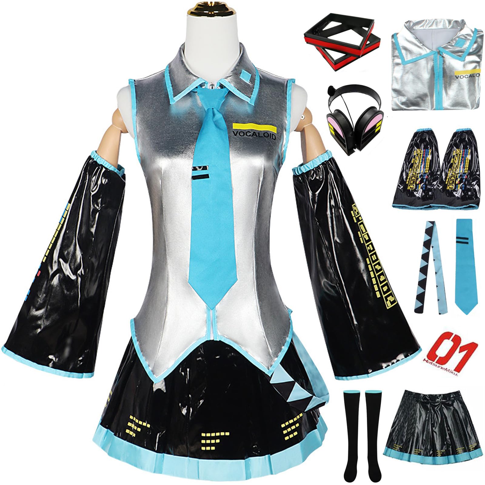 YOGLY ‌Miku Costume Women Cosplay Virtual Idol H'atsune M'iku Leather JK Uniform Set and Accessories for Carnival Halloween Party Birthday Masquerade Anime Show Costume