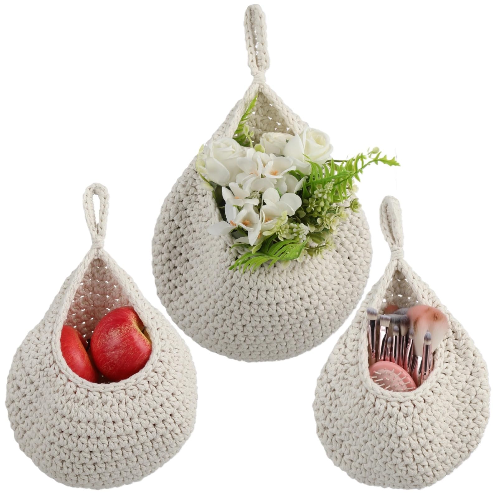 Swewarm 3 Pcs Hanging Fruit Basket, Hand Woven Cotton Rope Kitchen Basket, Boho Wall Decor Mounted Baskets, Rustic Wall Storage Organizer For Kitchen, Living Room & Bathroom