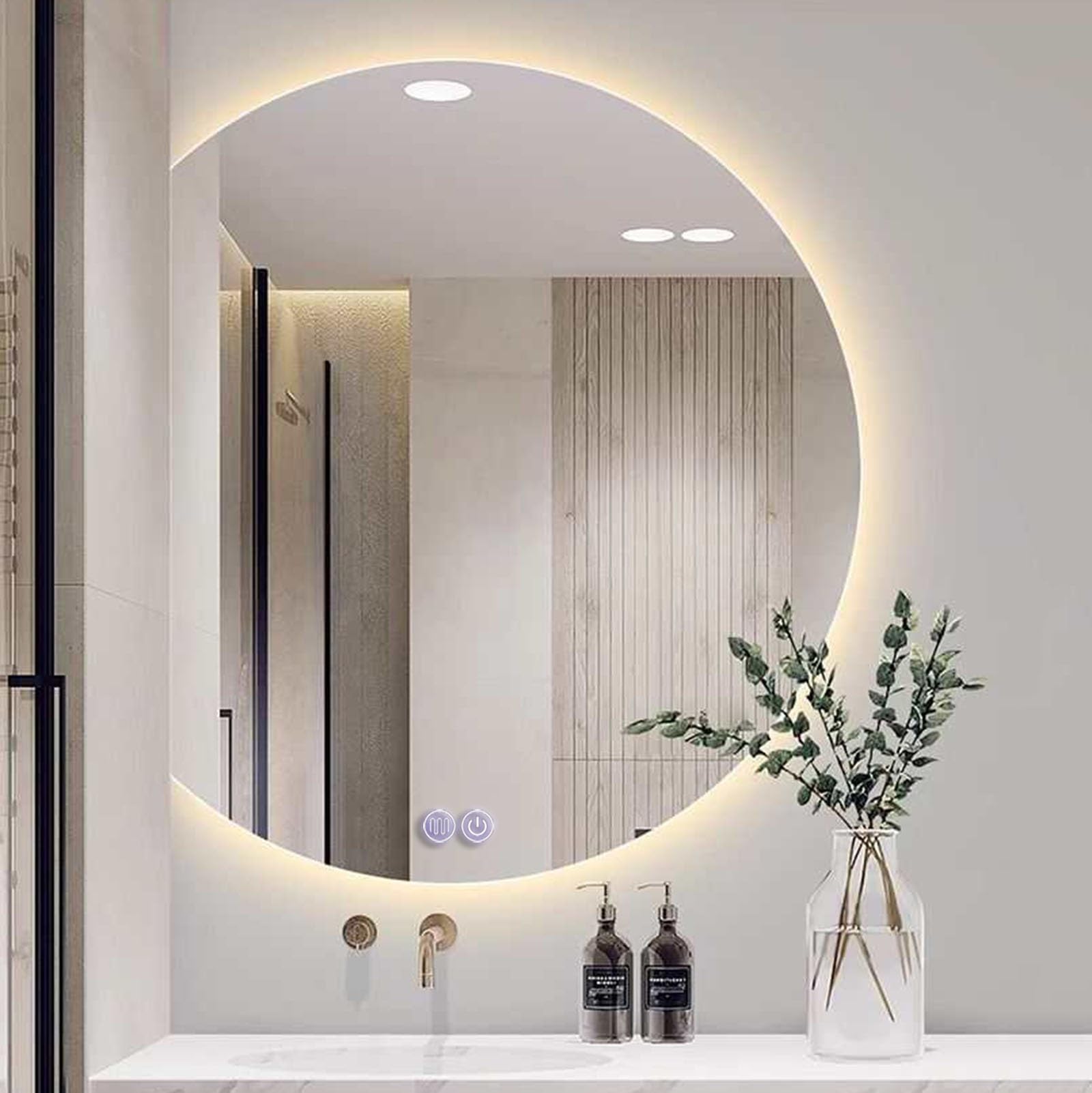 YFZNWHX LED Lighted Wall Mirror, 50cm/60cm/70cm/80cm Semi-circular Frameless Bathroom Mirror, Large Lighted Vanity Mirrors, Dimmable, Anti-Fog, Touch Switch(Left Cut,80cm)
