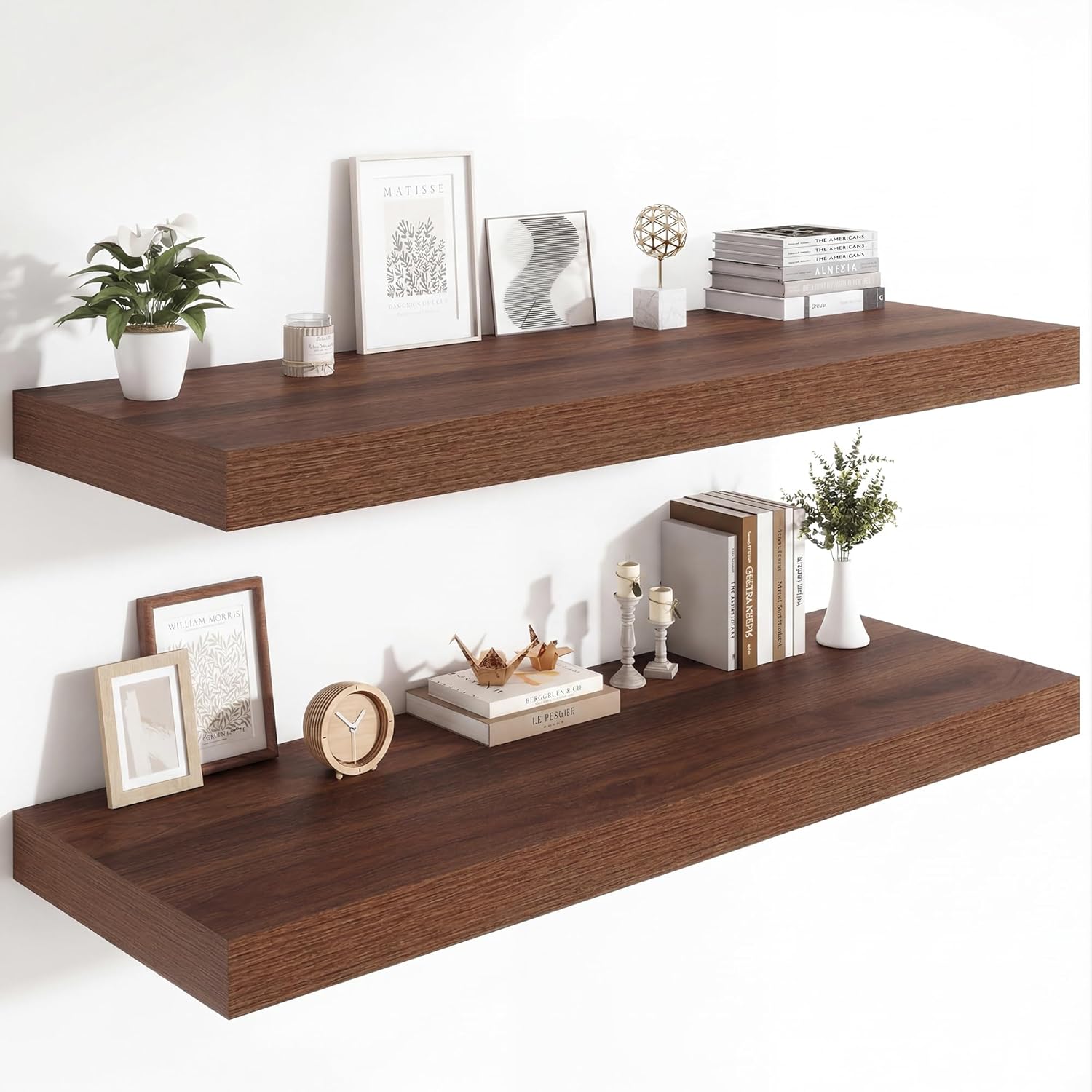 Heimlove 12 Inch Deep Floating Shelves, 48 x 12 inches Long Wall Shelf, Large Display Shelf & Storage Shelf, Rustic Wood Wall Shelves for Fireplace Mantel, Set of 2(Walnut)