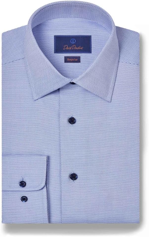 David Donahue Men's Regular Fit Blue Micro Dobby Weave Dress Shirt