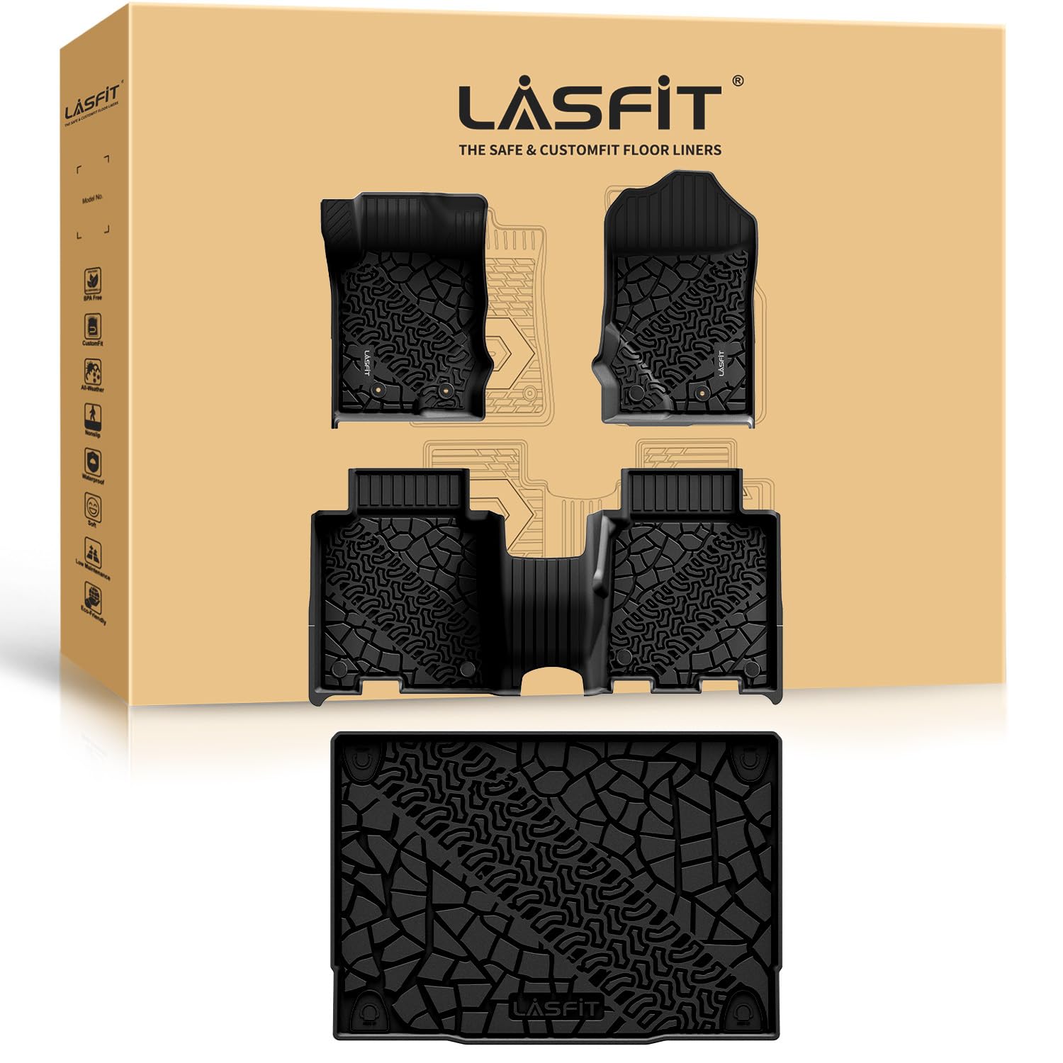 LASFIT Floor Mats Cargo Liner for Ford Bronco 4 Door 2025 2024 2023 2022 2021(Not for Bronco Sport) All Weather TPE Custom Fit SUV Floor Liners Trunk Mat, 1st & 2nd Row & Cargo Liner,4pcs Black