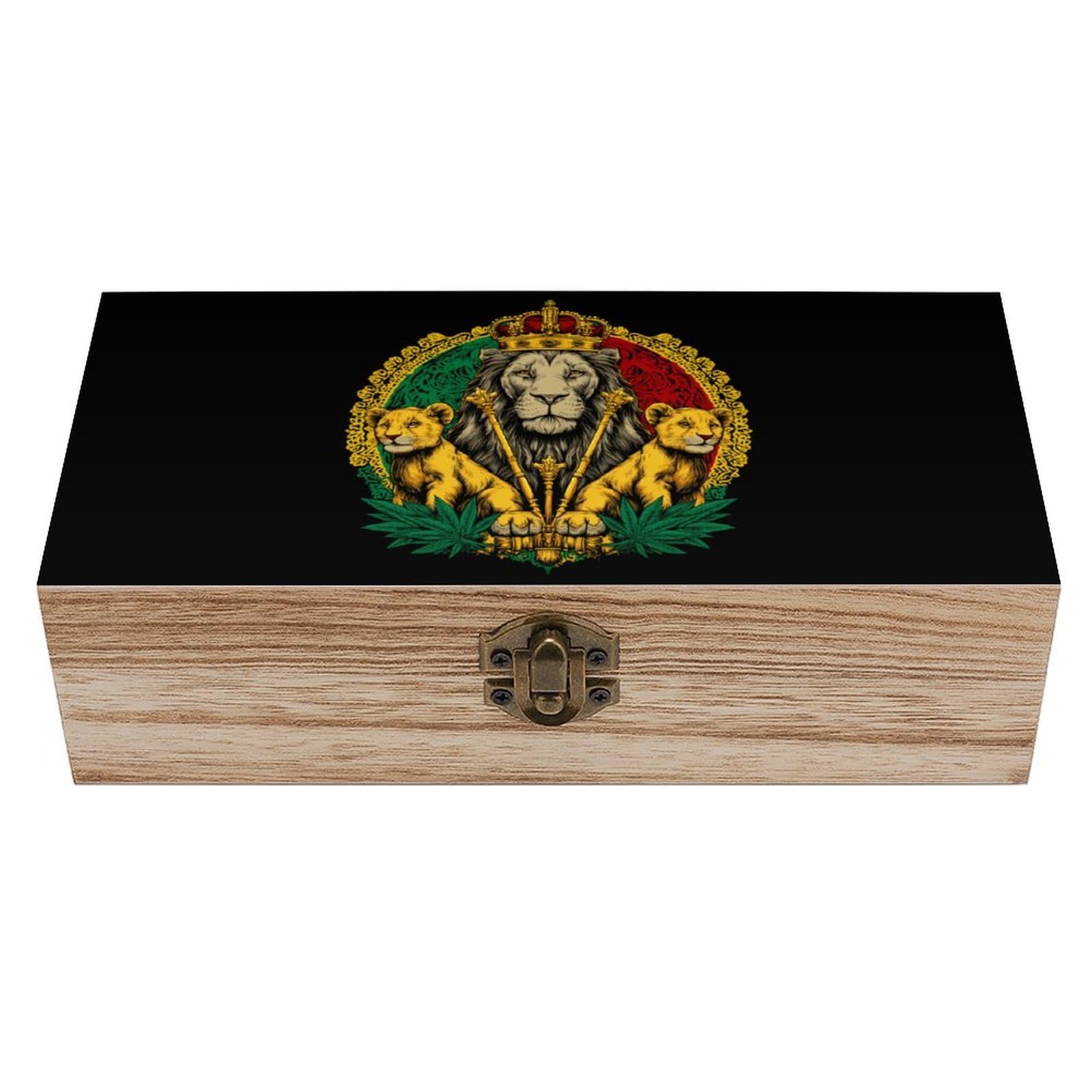 HLBSDM Reggae Lion Weed Wooden Box with Hinged Lid Decorative Storage Case Container