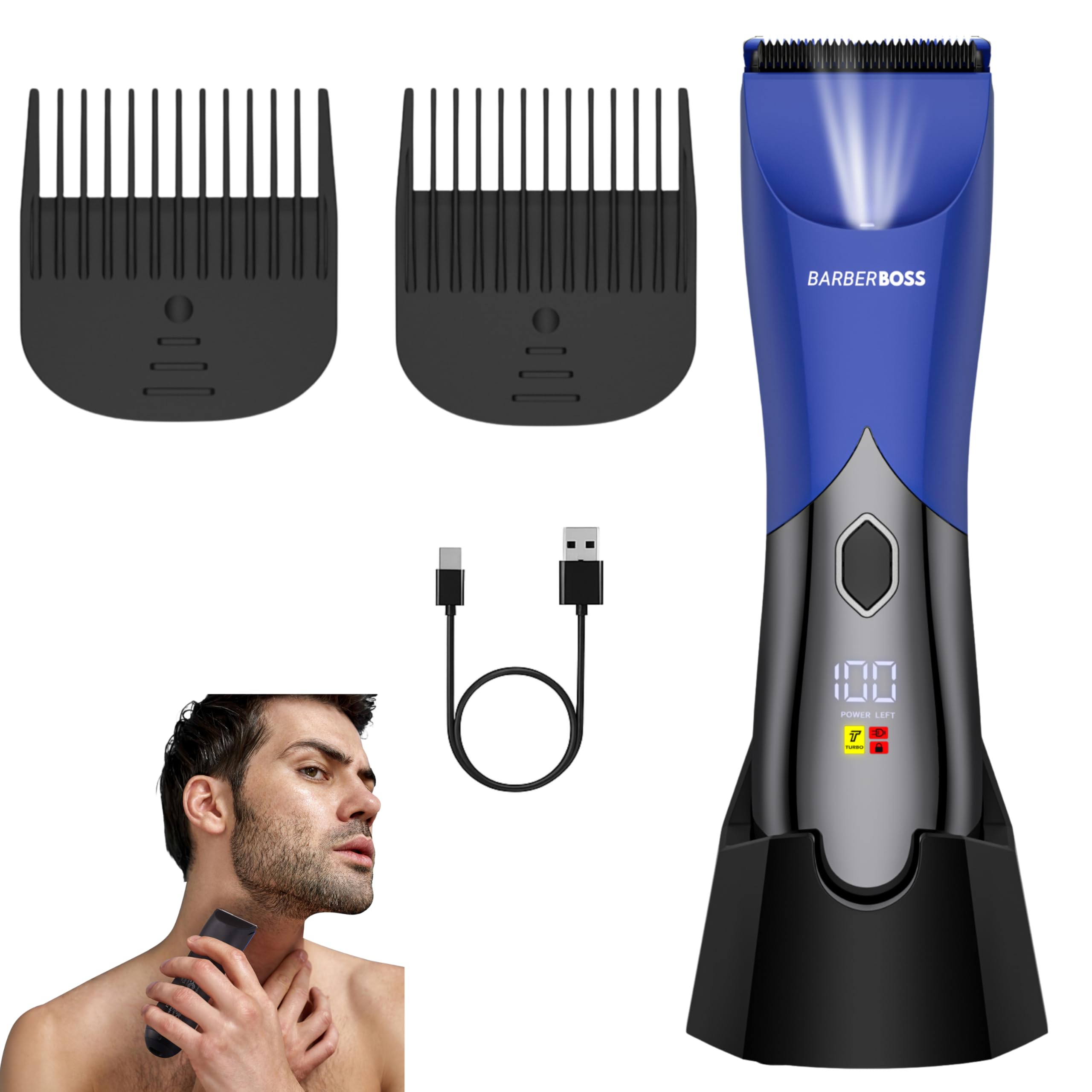 BarberBoss Intim und Körperhaartrimmer für Männer, wasserdichter Schamhaarrasierer für Männer, Keramikklingen, zwei Geschwindigkeiten, LED-Display und Ladestation, Blau