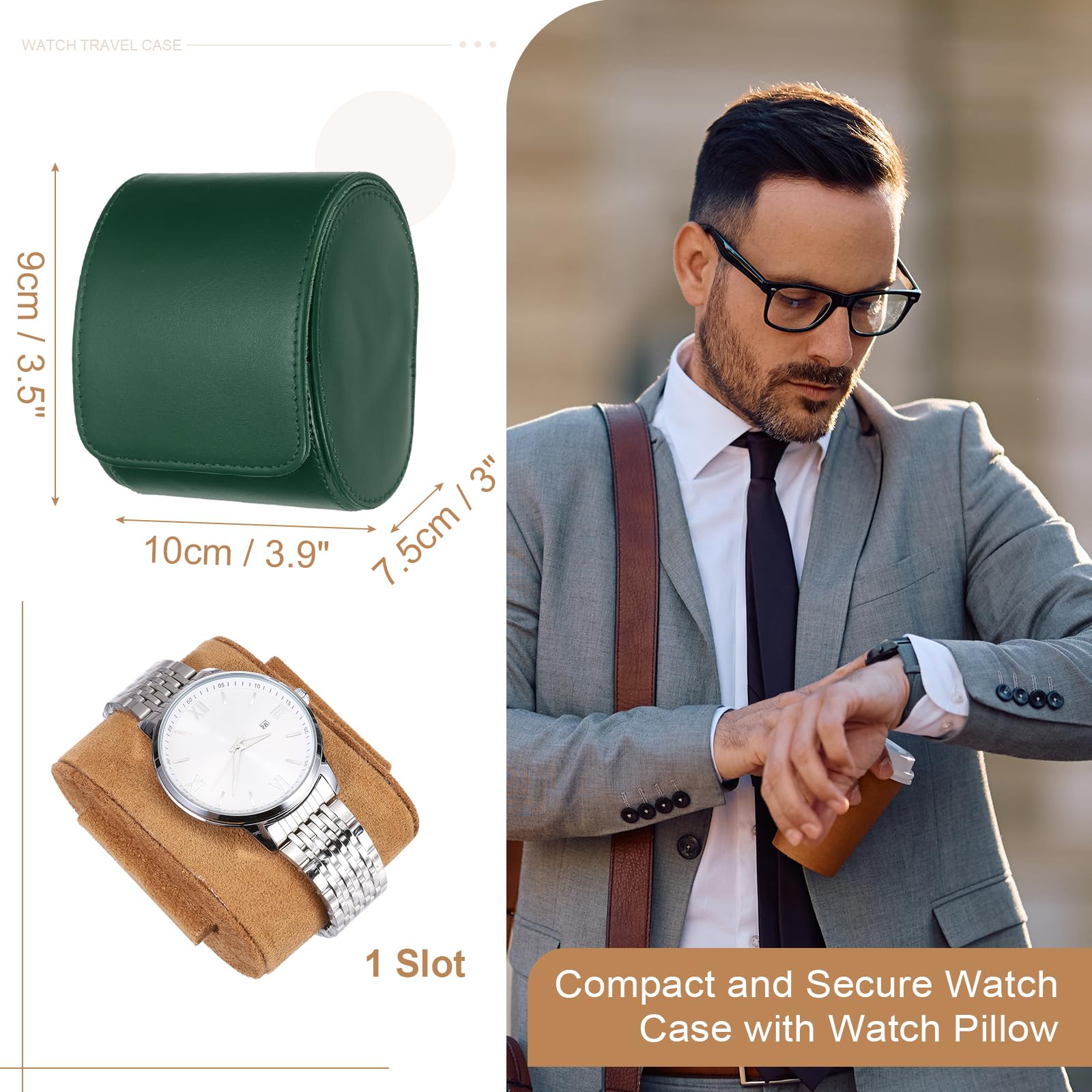 Custodia da viaggio per orologio da uomo in pelle, astuccio arrotolabile per orologio, scatola portaoggetti portatile per orologio, ideale per Natale, compleanno e anniversario, 1 scomparto (verde)