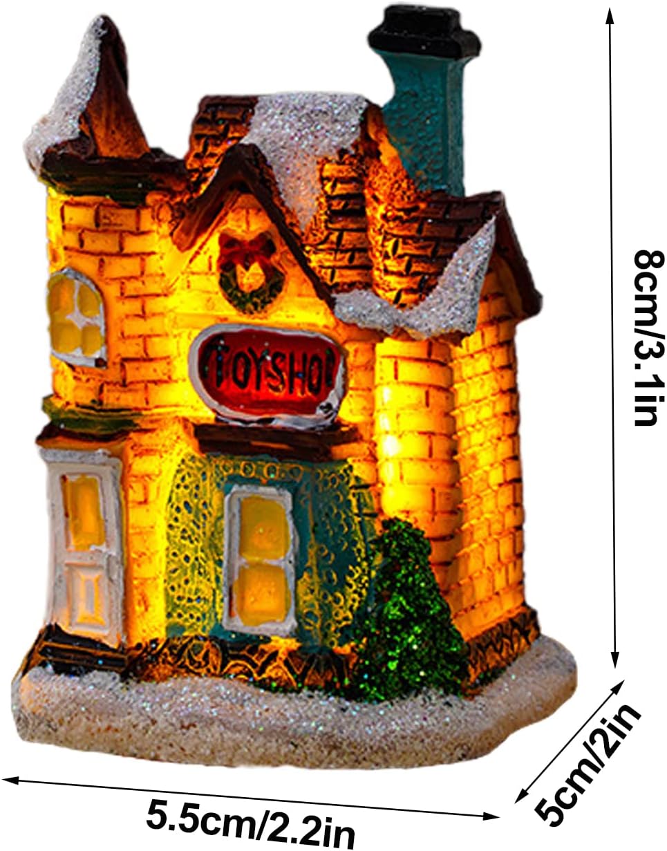 MSUIINT 5PC Christmas Winter Village Houses Set, LED Lighted DIY Christmas Scene Figurines Decor Xmas Miniature Resin Ornament Kits, Xmas Shining House Street Lamp Room Decor for Holiday Party, A-E