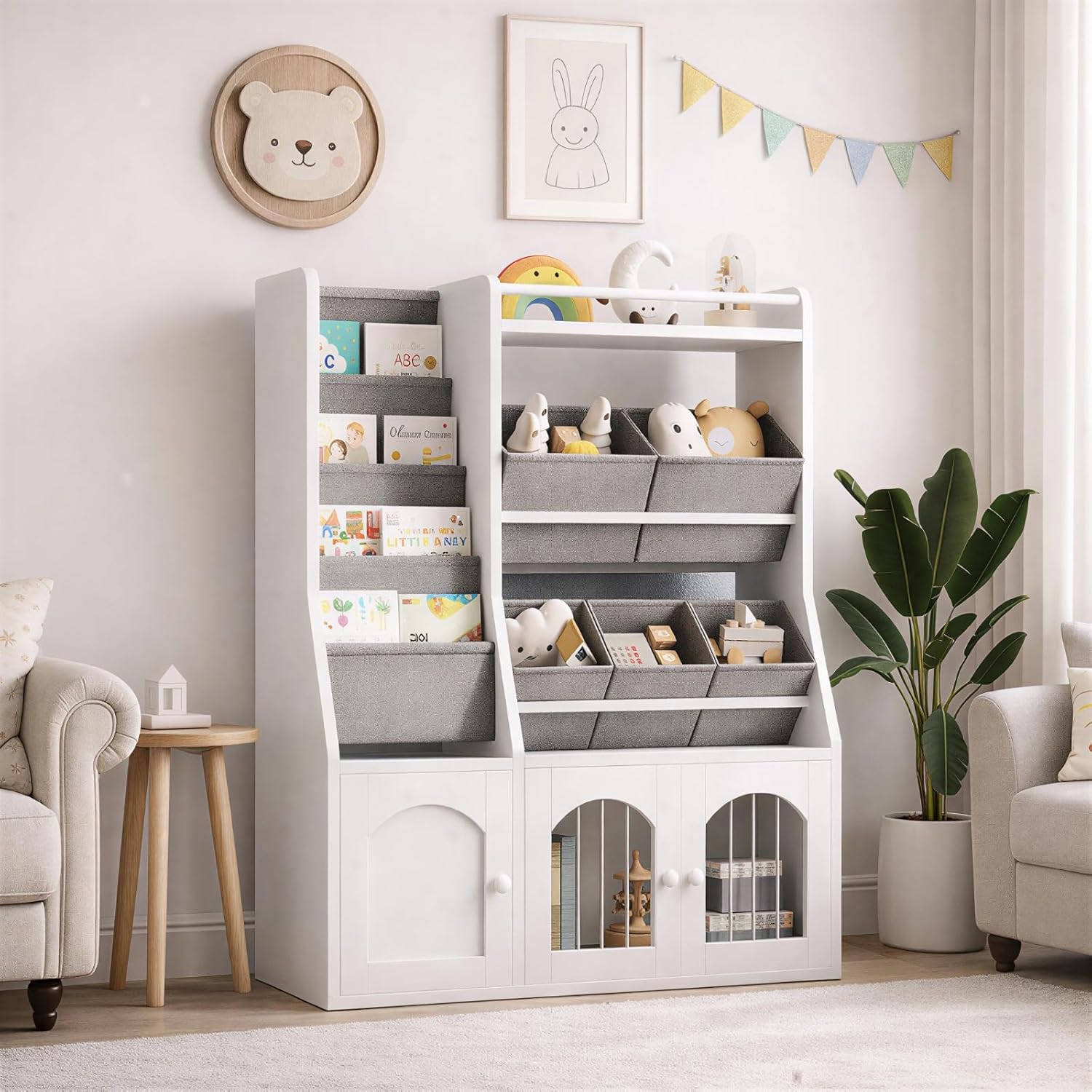 Toy Storage Organizer, Kids Toy Storage with 5 Fabric Drawers and 5-Tier Hanging Bookshelf, Elastic Doors and Guardrail, Bookcase for Bedroom, Nursery, Classroom, White and Gray