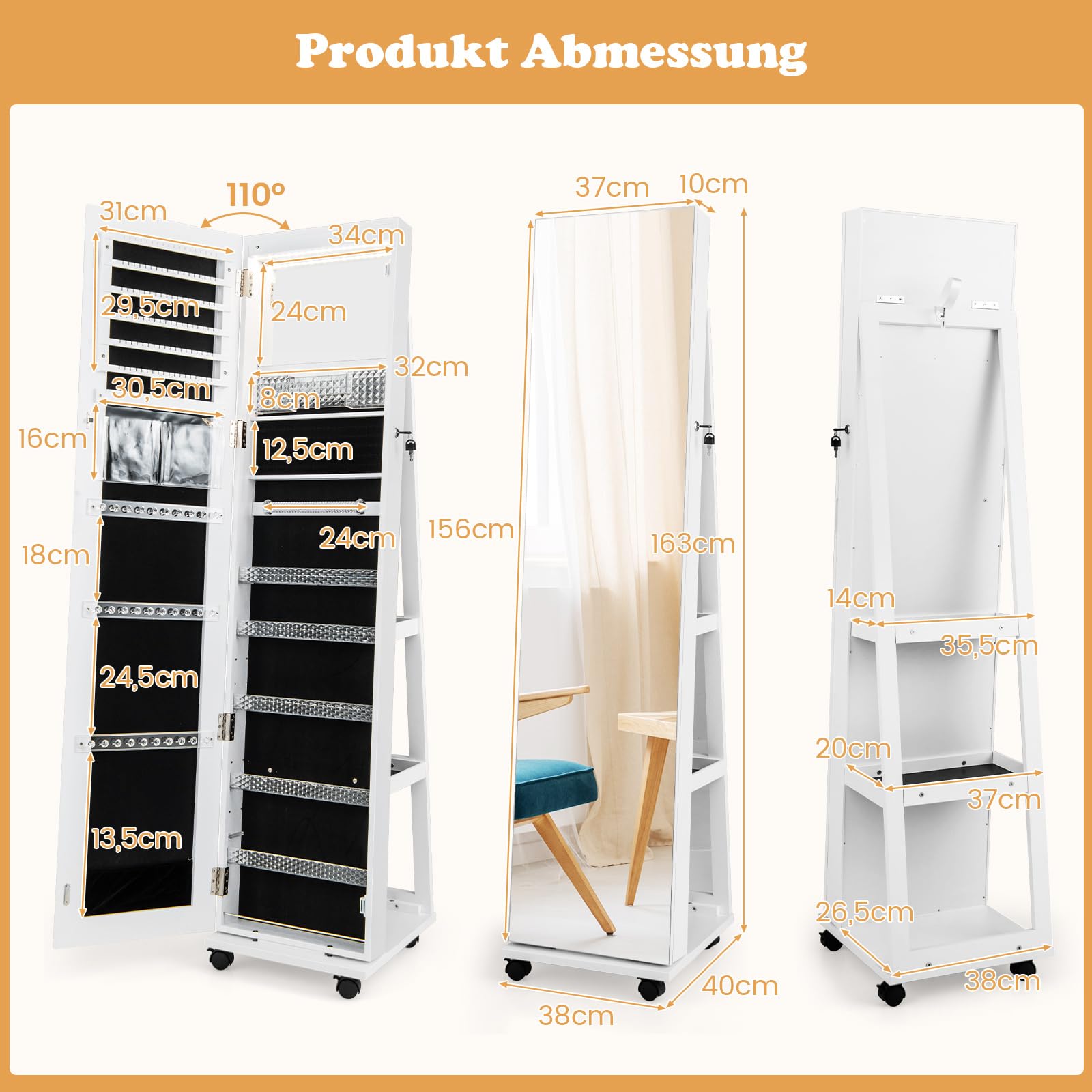 COSTWAY Sieradenkast met wielen, afsluitbare spiegelkast met LED-verlichting & verstelbare planken, staand juwelenkast met spiegel over de hele lengte voor kettingen, oorbellen, make-up (wit