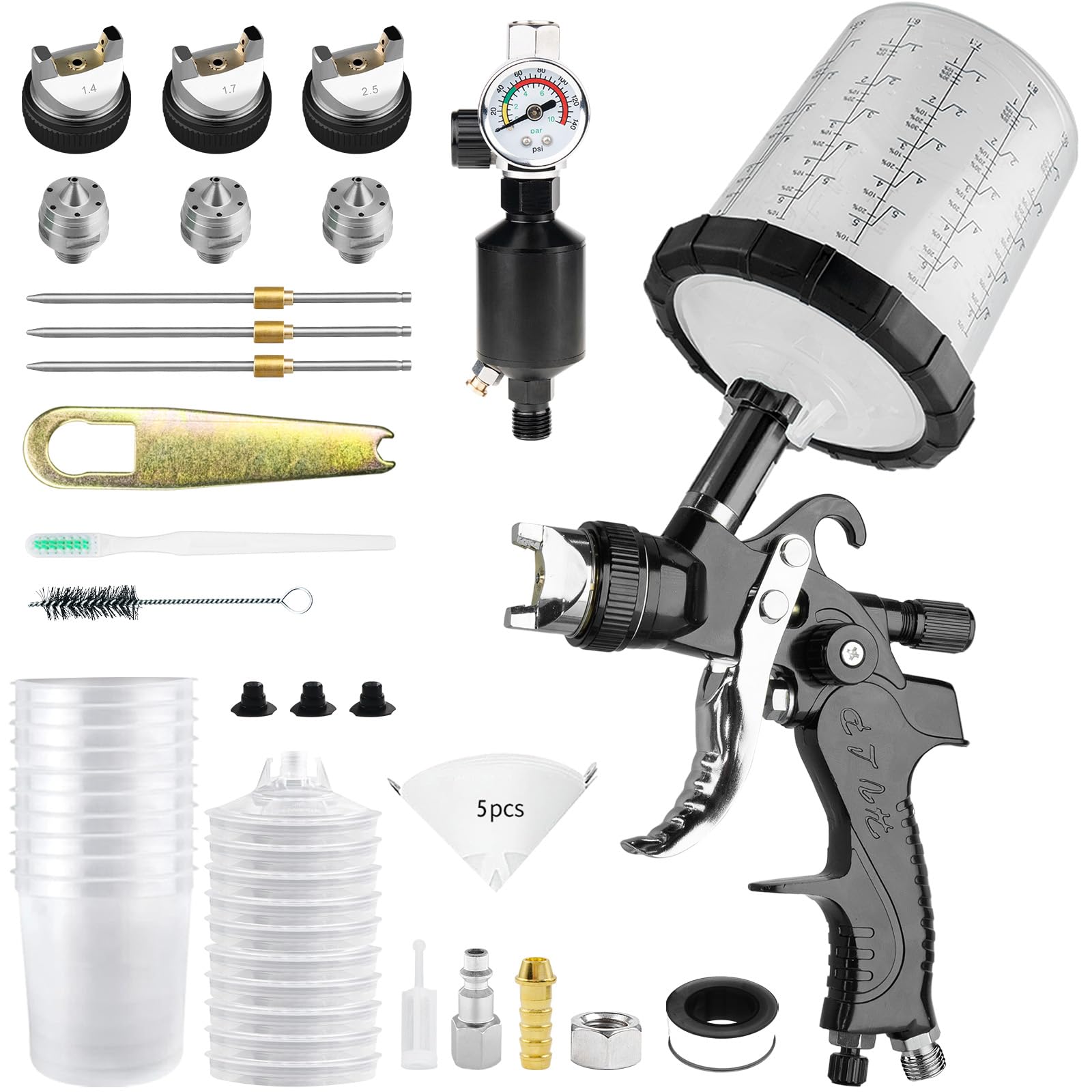 Kit pistolet à peinture HVLP avec buses 1.4/1.7/2.5 mm, régulateur et 10 gobelets