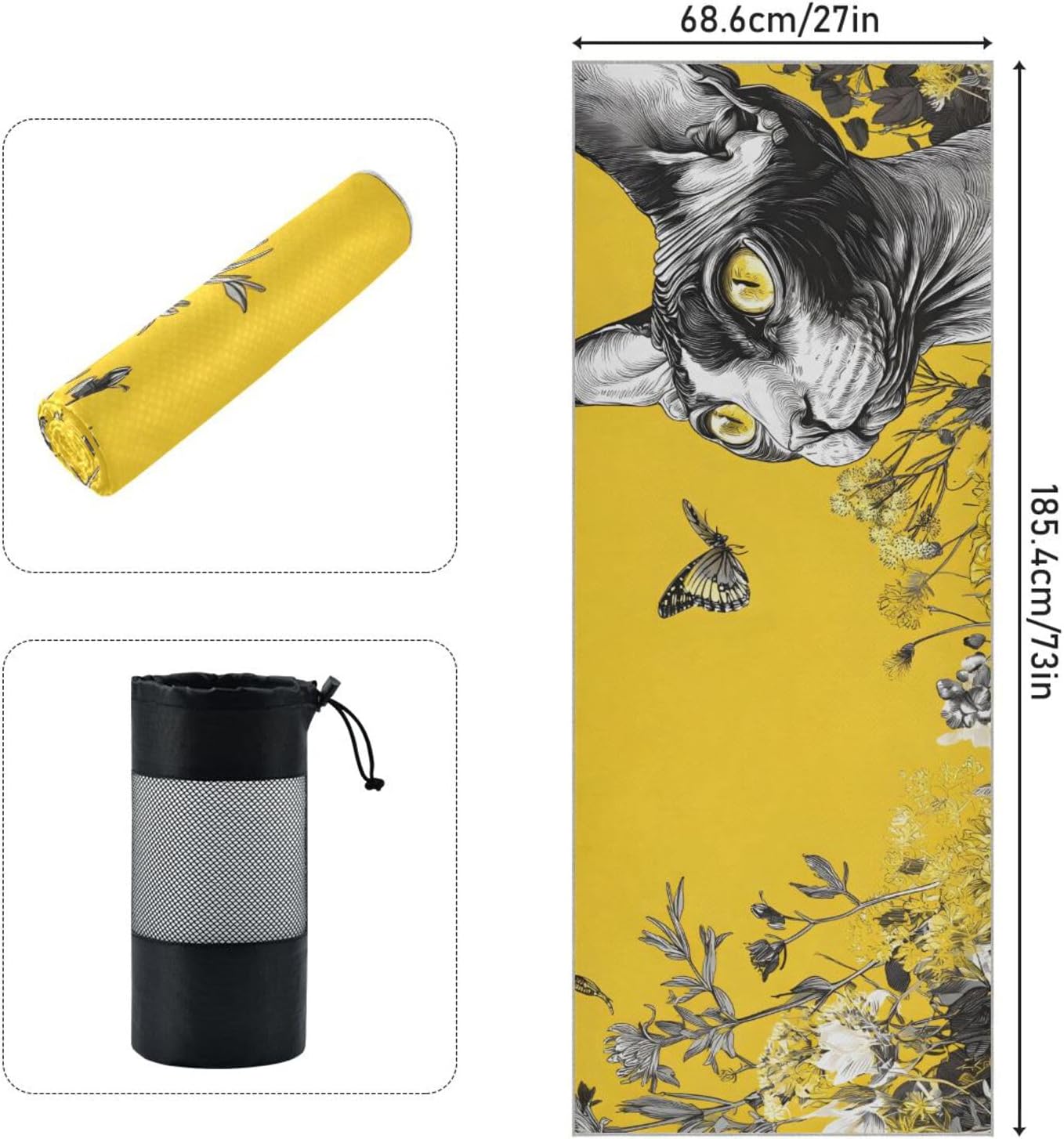 Yoga Mat Towel with Silicone Grip Dot Sphynx Flowers Yellow – 73"x27" Non-Slip Sweat Absorbent Microfiber Yoga Towel for Home Gym Studio