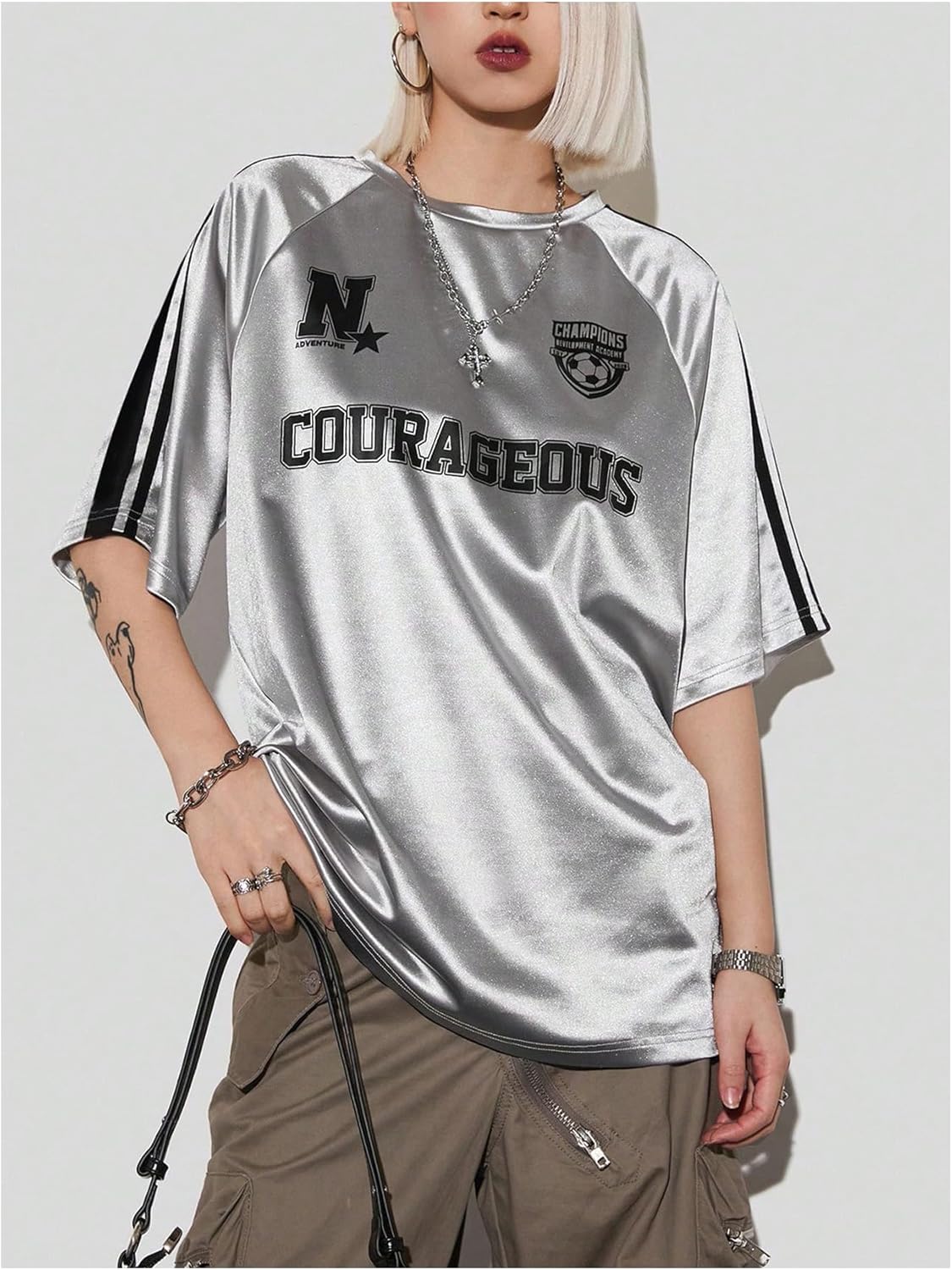 SHENHE Women's Y2k Metallic Jersey Shirt Crew Neck Short Sleeve Football Jersey Ravel Concert Top - Image 4