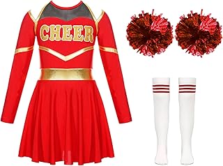 Eandarui Disfraz de animadora para niña, vestido de manga larga, metálico, patchwork, vestido de baile con pompones, medias, carnaval, cosplay