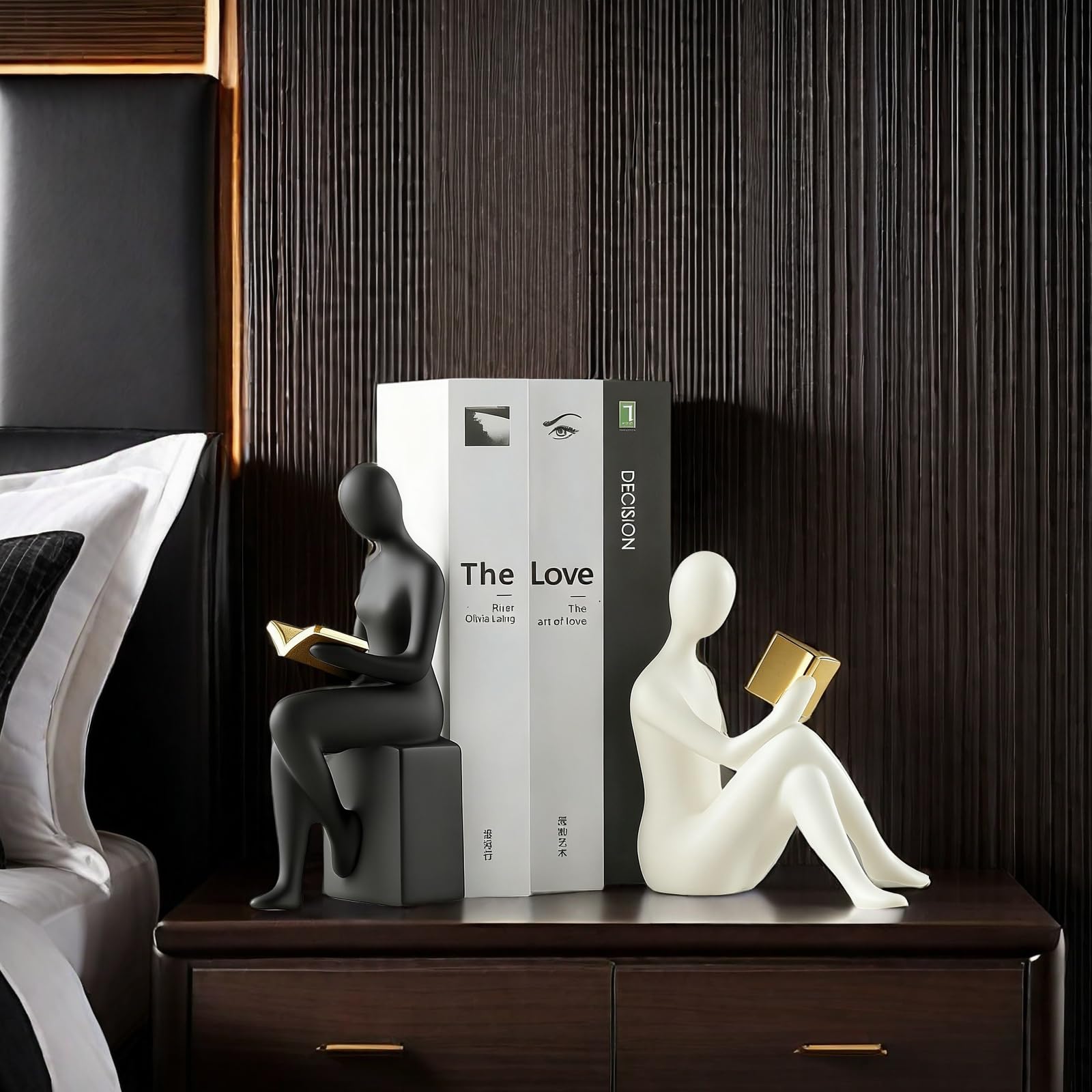 Fermalibri decorativi per la casa, con statua di donne e ragazze, elegante in resina, per libreria, ufficio, scrivania, fermalibri, set di 2 (bianco e nero)