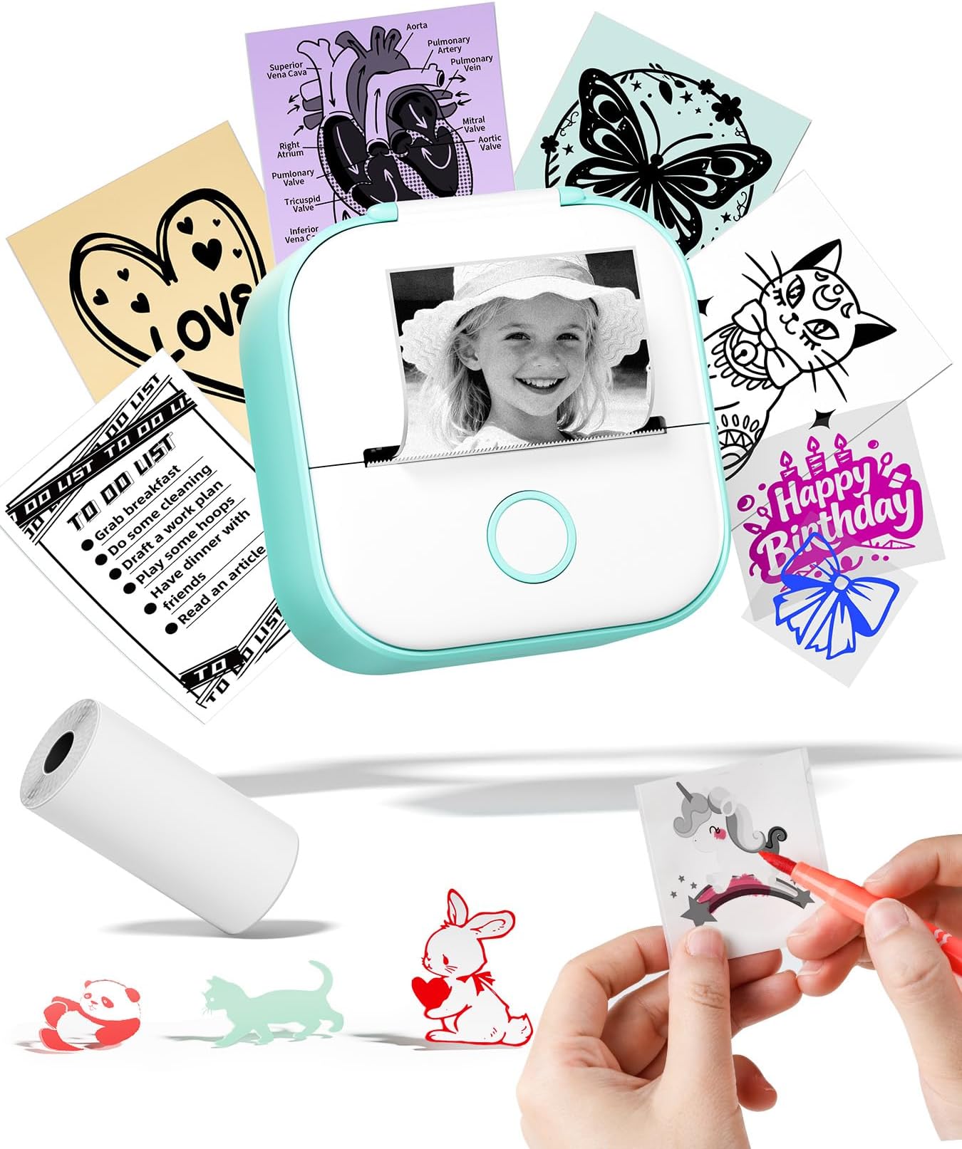 Memoking Sticker Printer - Mini Thermal Printer, T02 Sticker Maker Machine, Portable Bluetooth Pocket Phone Printer, for DIY Journal, Photos, Notes, Kids Gifts, Compatible with iOS & Android, Green