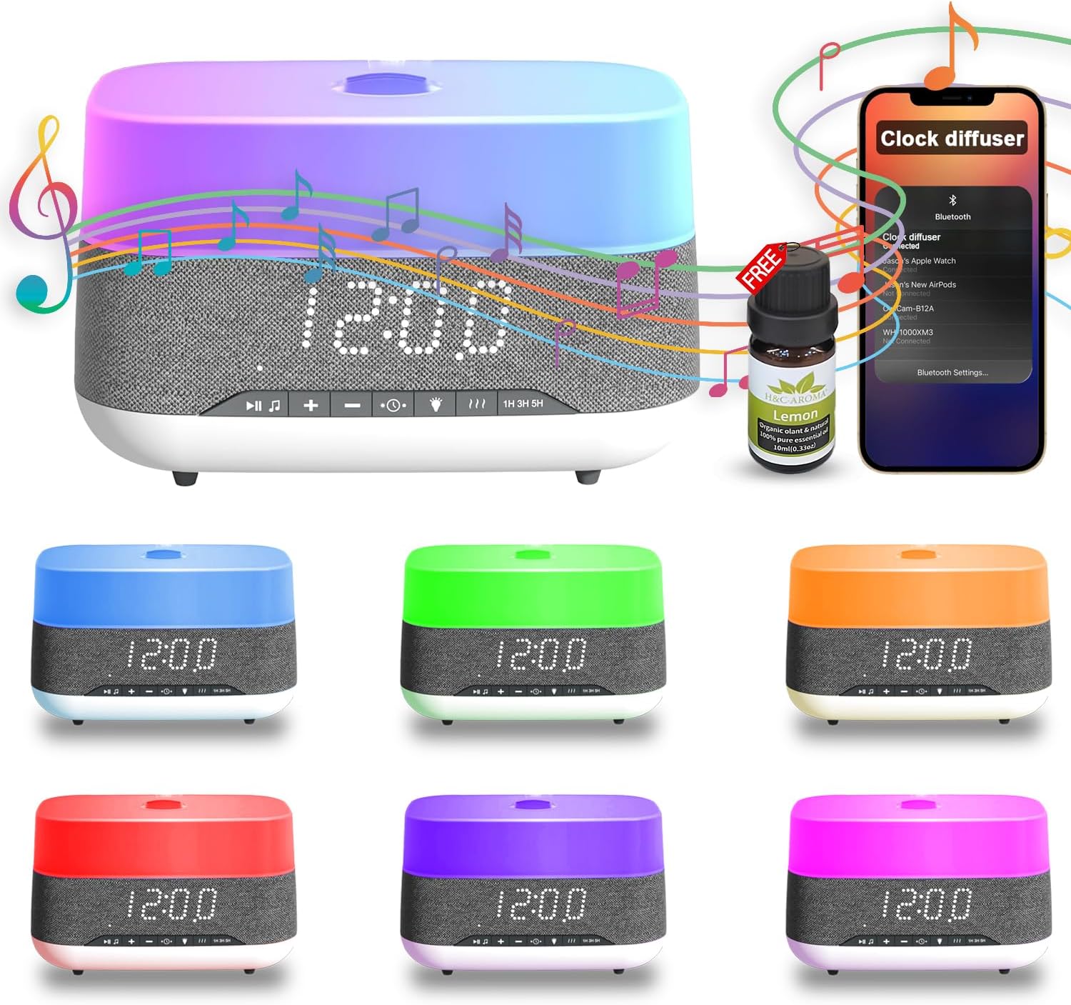 Flame Humidifier Essential Oil Diffuser, 4 in 1 Ultrasonic Aromatherapy, Vaporizer, Aroma Purifier, Timer, Clock, Speaker, Auto-Off, 7 Colors for Home, Office (FREE Fragrance Oil Gift)