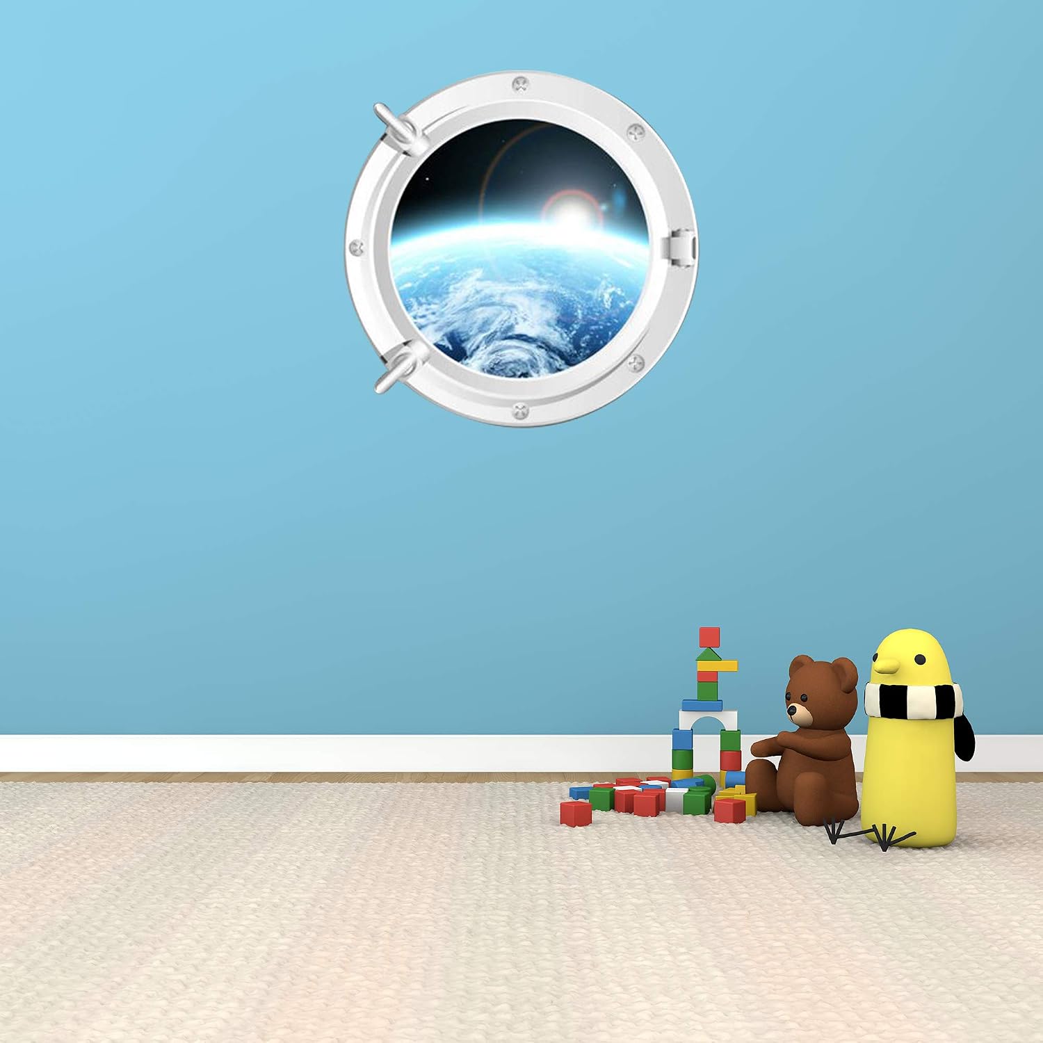 3D Round Porthole Eerth View from The Moon Design Wall Decals | Removable Vinyl Sticker | Peel and Stick | Art Decor for Bedroom, Living-Room, Kids or Any Room, Large