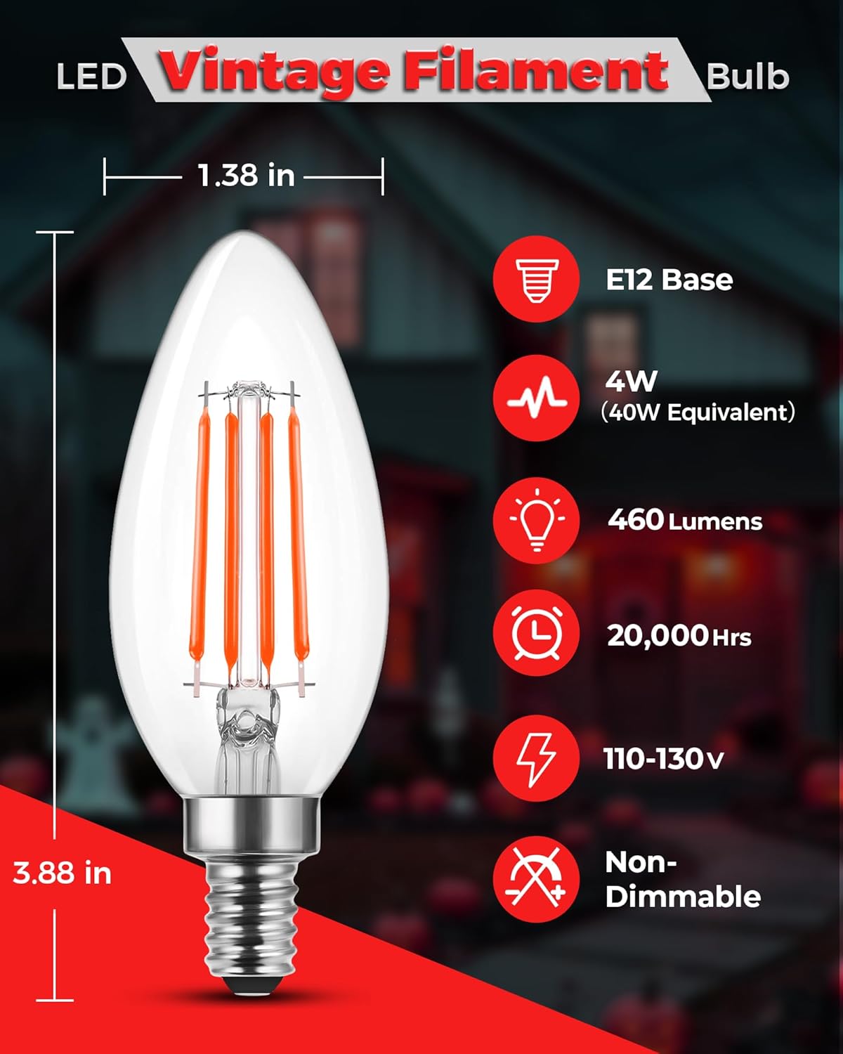 E12 Candelabra Red Light Bulbs for Nightlights, E12 LED Filament Red Light Bulb 4W (40W Equivalent), LED Candle Small Base for Christmas, Bedroom, Porch, Halloween, Party, Home Lighting, 2 Pack