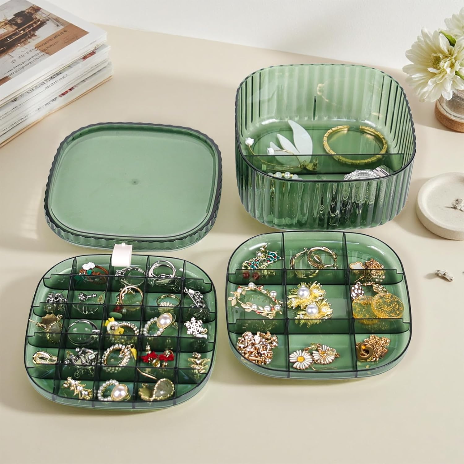 Inmorven 3-Layer Acrylic Jewelry Organizer Box with Lid, Stackable Storage Holder for Earrings, Rings, Necklaces, Bracelets(Green) - Image 6