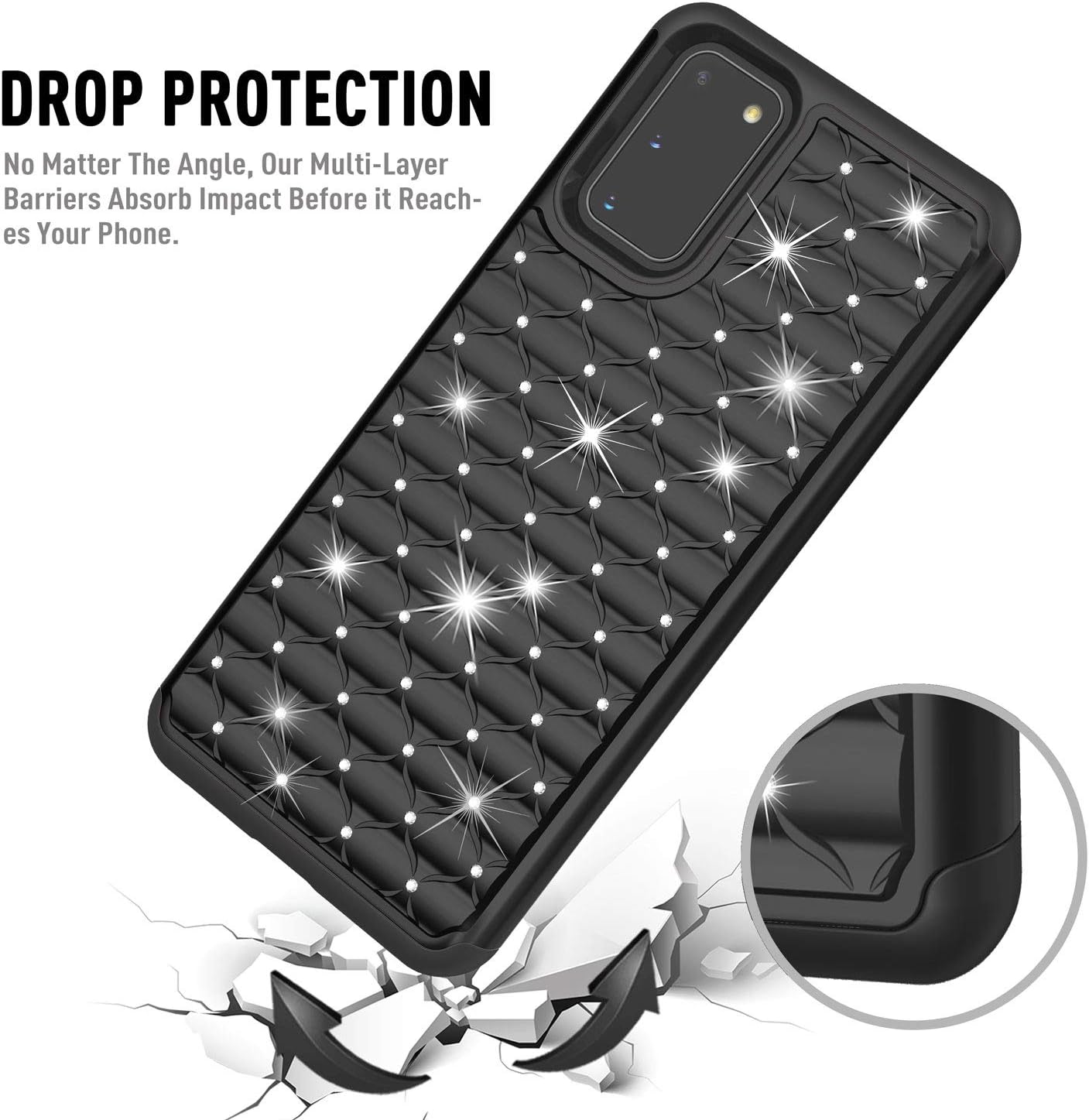 TILL for Galaxy S20 Case, S20 5G Phone Case for Girl Women, Studded Rhinestone Crystal Bling Diamond Sparkly Luxury Shock Absorbing Hybrid Defender Rugged Slim Glitter Case Cover [Black]