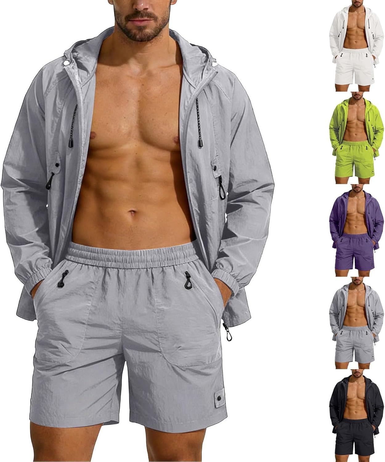 Cambkatl Men's UPF 50+ Full Zip Hoodie Jackets Matching Shorts Long Sleeve Sun Protection Outdoor Fishing Beach Outfits