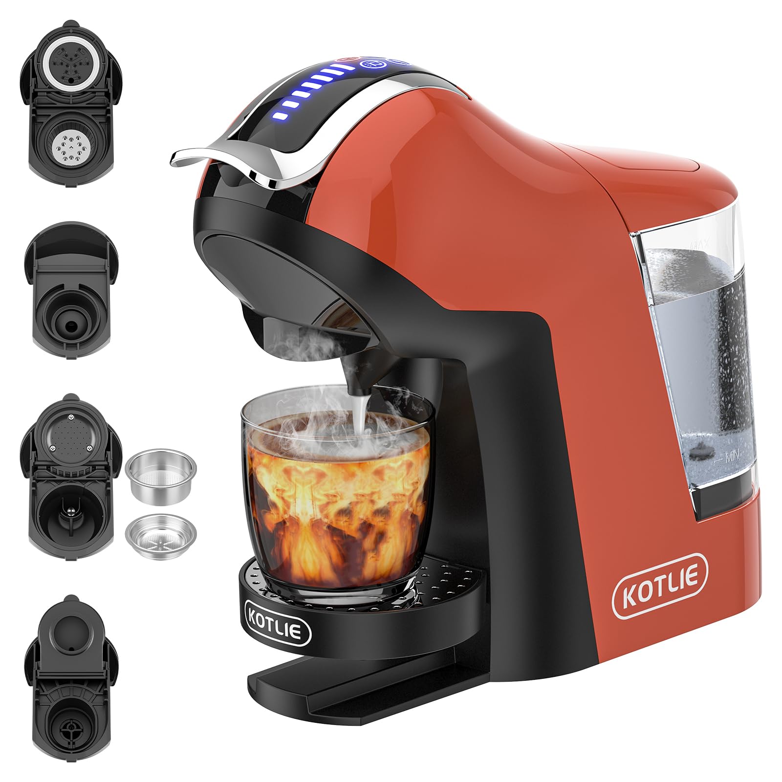 KOTLIE 308A Cafetière à Température Réglable, pour Café Glacé, Orange | Système polyvalent 5-en-1 accepte capsules (NES, DG, A MODO MIO), dosettes ESE et café moulu pour une variété de boissons.