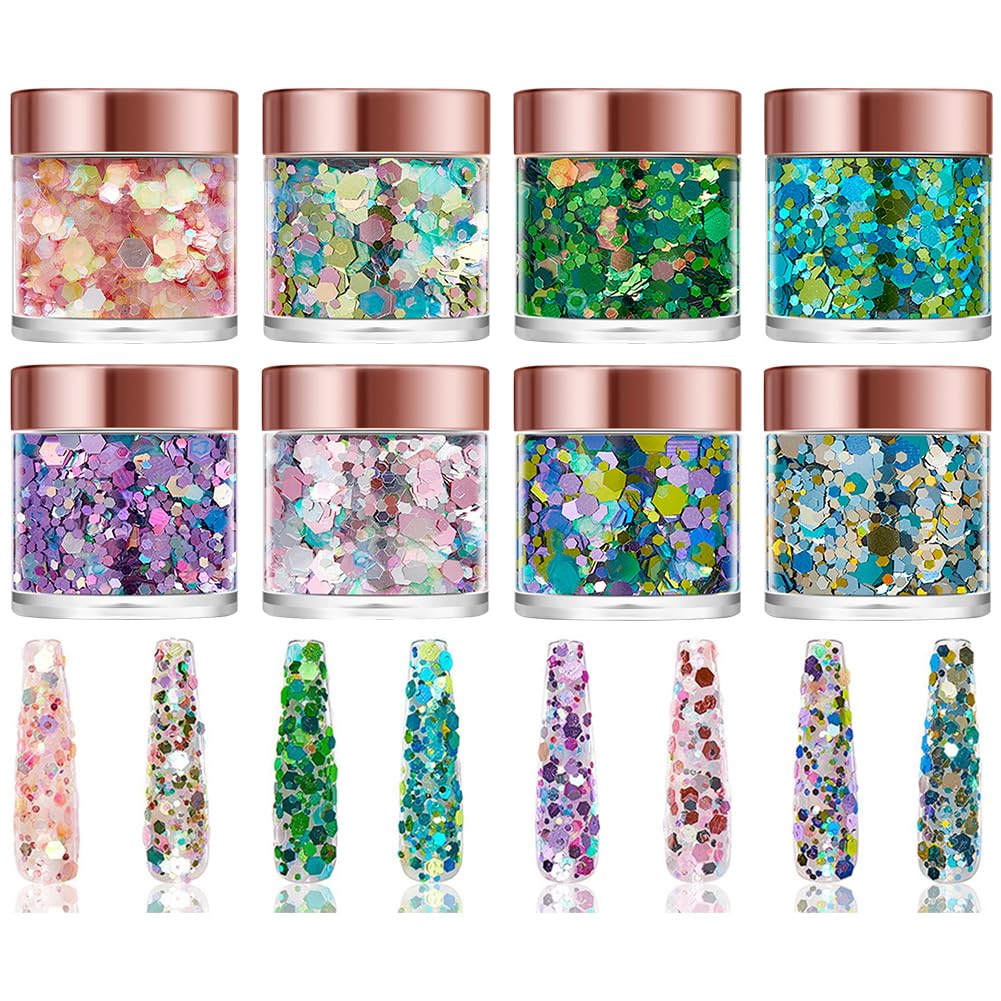 8PCS Nail Art Glitter Nail Sequins Glitter Metallic Shining Flakes Sequins Manicure Tips Nail Art DIY at Home Nail Supplies Nail Decorations Accessories