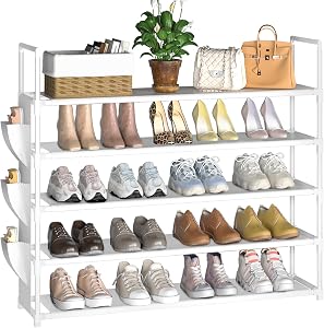 Shoe Rack 5 Tier Shoe Organizer Shoe Storage 20-25 Pairs for Closet White Shoes Rack Organizer Entryway Space Saving Shoe Shelf Shoes Stand Large Tall Shoes Tower Bedroom Garage Door