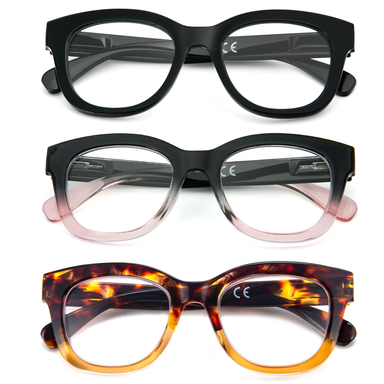 KoKoBin 3-Pack Oversized Reading Glasses For Women Blue Light Blocking Readers with Spring Hinge Ladies Computer Readers (Black、Black Pink、Tortoiseshell Tea - Image 3