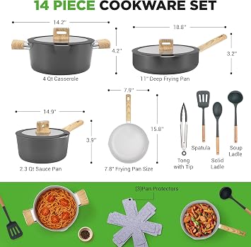 NutriChef 14 Pcs Nonstick Pots and Pans Set - Induction Safe Ceramic Cookware Set with Glass Lids, Cool-Touch Handles, Even Heat Distribution, Dishwasher Safe, Includes Spatula, Ladle, Tong -Black
