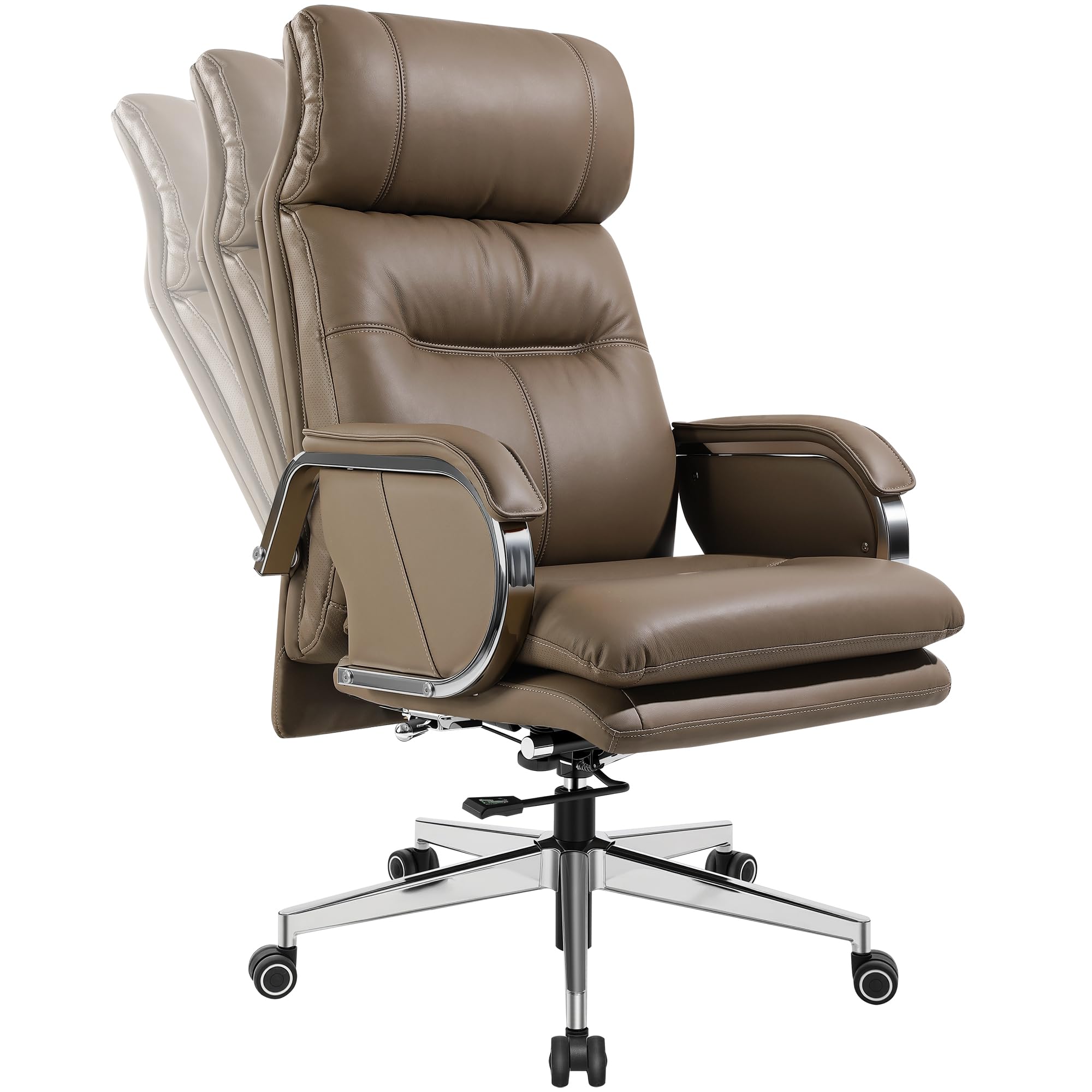 Moderner Chefsessel aus echtem Leder, hohe Rückenlehne, 90 bis 150 Grad neigbar, mit Polsterung, Rocking-Funktion, 180 KG Kapazität, drehbarer Computer-Bürostuhl, Taupe