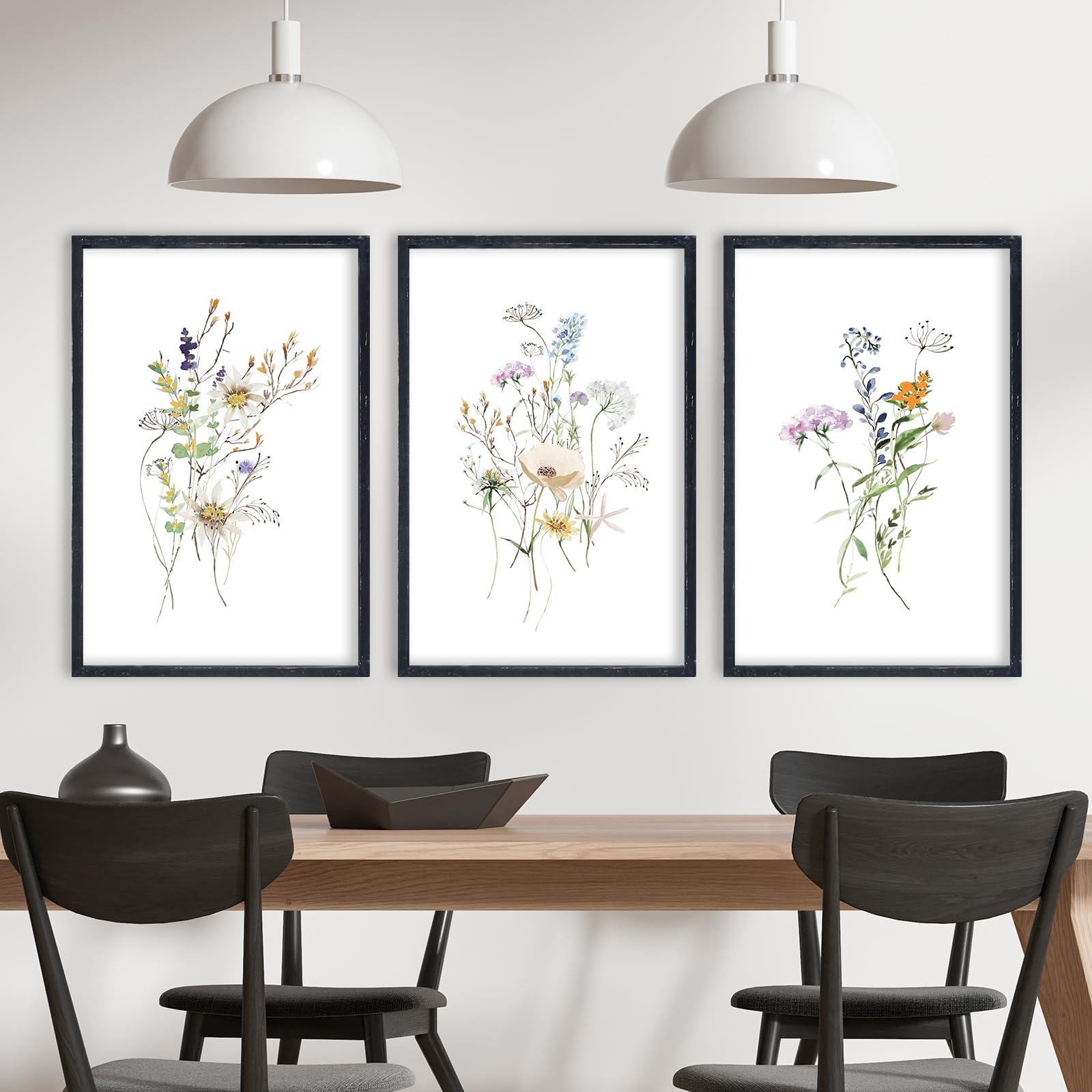 Colorful Floral Wildflower Wall Art Decor 16x24 Inch Rustic Bedroom Aesthetic Watercolor Botanical Flower Wood Frame Sign Modren Home Living Room Abstract Plant Wall Hanging Set of 3 (Black)