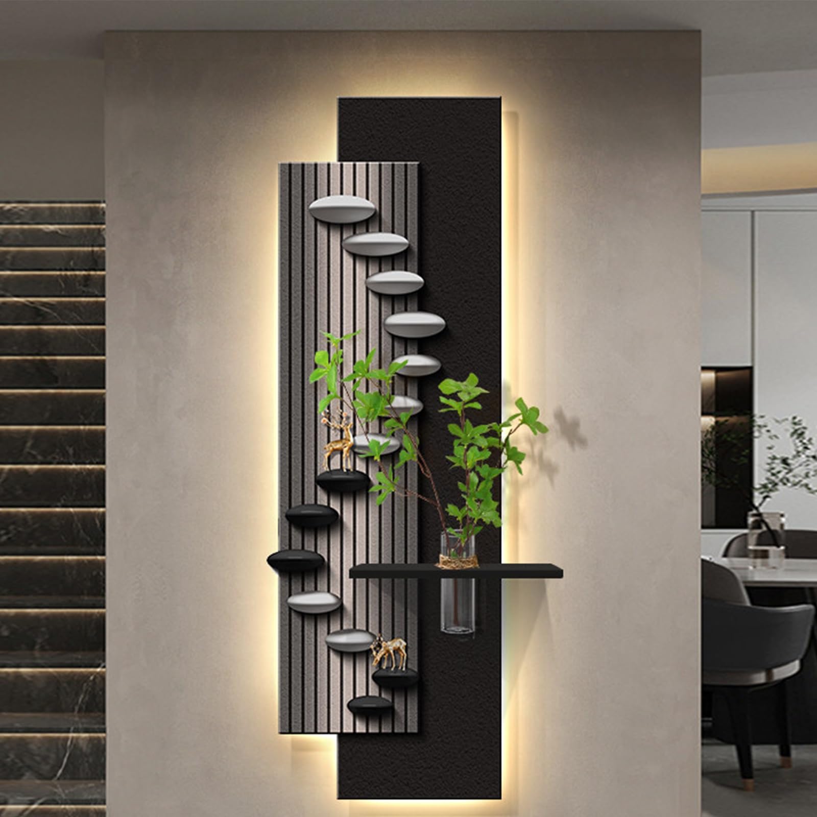 PGZMDTWI Modern 3D Sandstone Wall Art, Lighted Textured Sculpture with Glass Vase for Living Room Entryway Décor(D,60 * 180CM .7 * 70.9IN)