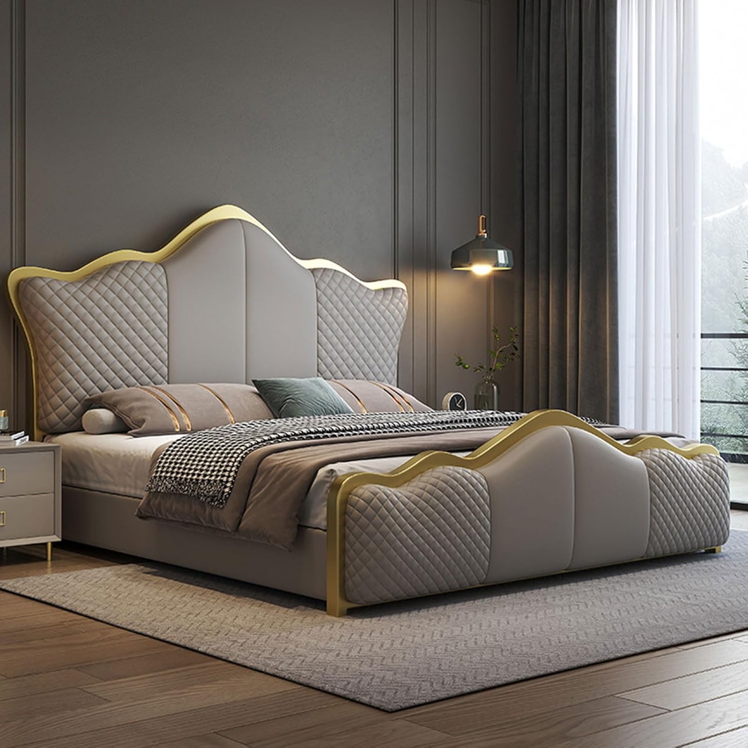 Modern Light Luxury Leather Queen Size Platform Bed Ergonomic Upholstered Headboard Noise-Free Grey