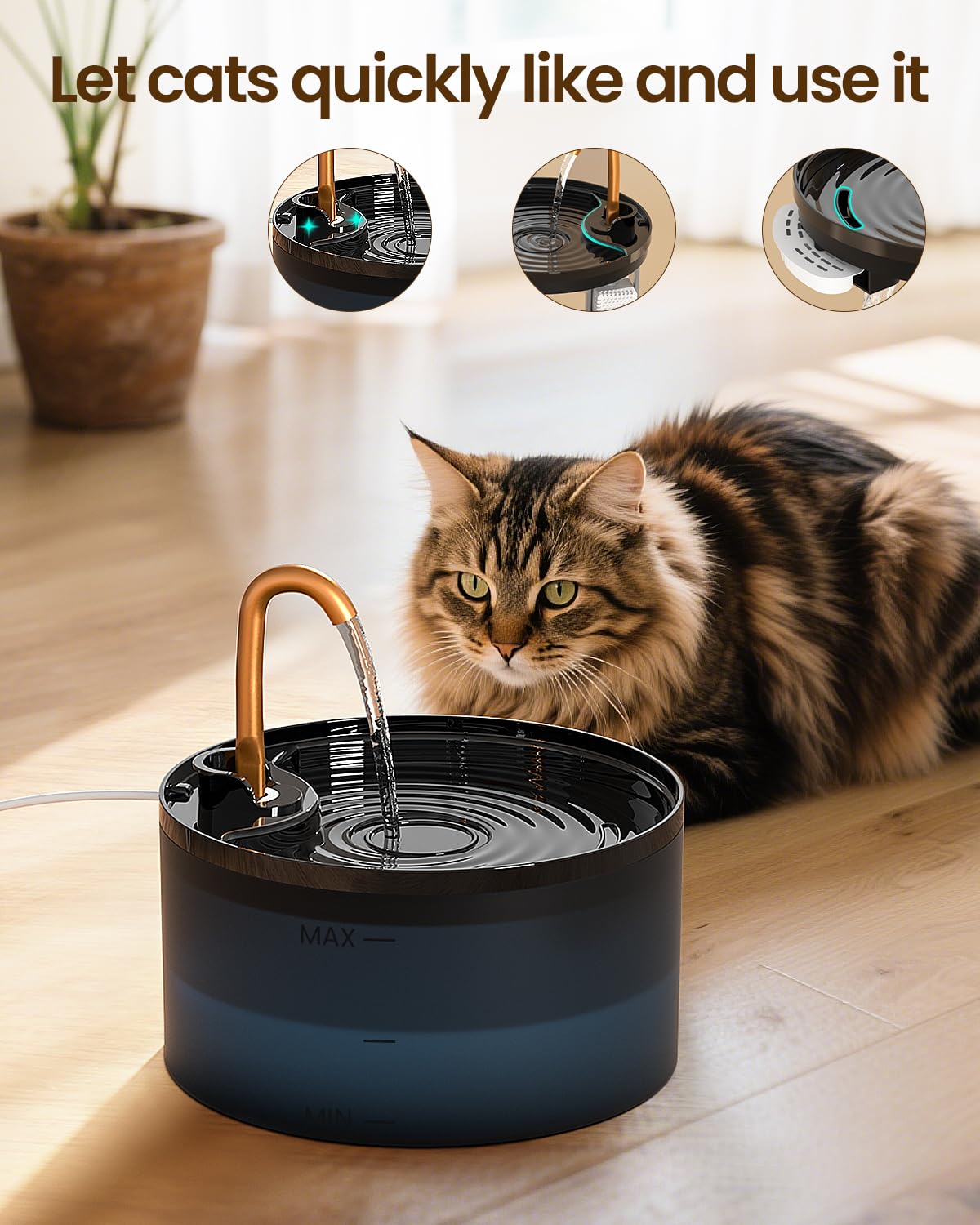 Cat Water Fountain, 71oz/2.1L Cat Fountain for Drinking with Copper Faucet, MISFANS-Designed Pump & Filter, Plastic Automatic Pet Water Fountain Bowl & Dispenser with 6-Pack Replaceable Filters - image 3