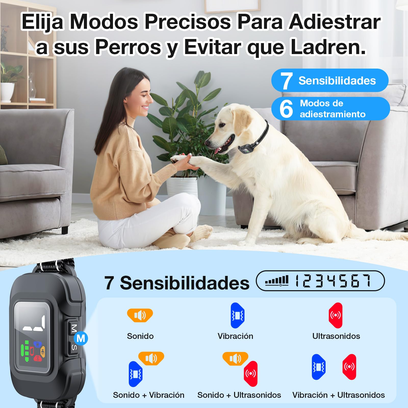 RUXAN Collar Adiestramiento para Perros - Antiladridos para Perros Ultrasonidos, 6 Modos De Eficiente, 7 Niveles De Sensibilidad Ajustables, Adecuado para Perro Grandes y Pequeños, Bark for Dogs