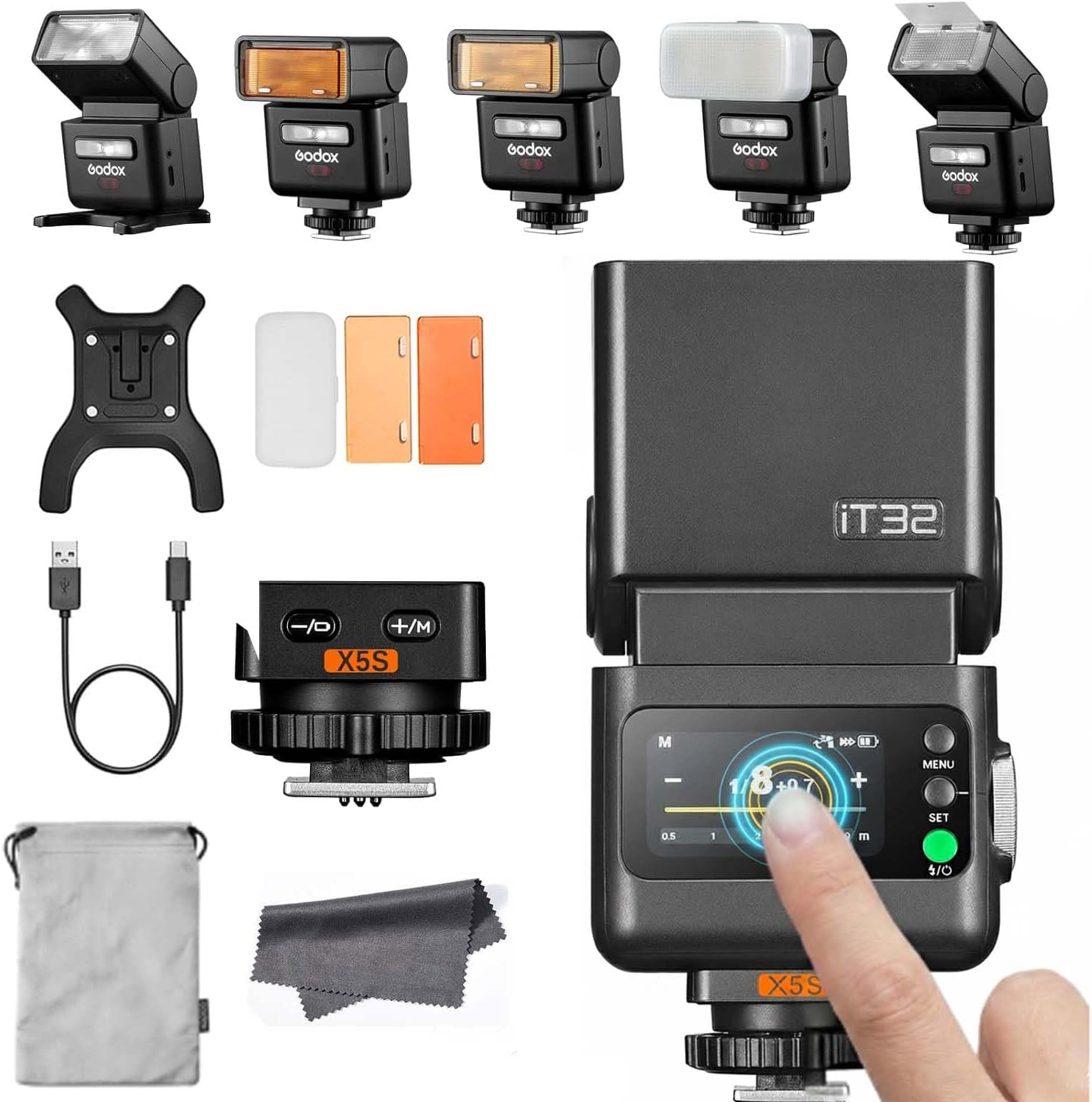 Godox IT32 Camera Flash with X5S Flash Trigger for Sony Cameras, TTL HSS Touchscreen, Hotshoe & Trigger 2-in-1, 510 Full Power Flashes, LED Modeling Light, Lithium Battery, with Reflector & Diffuser