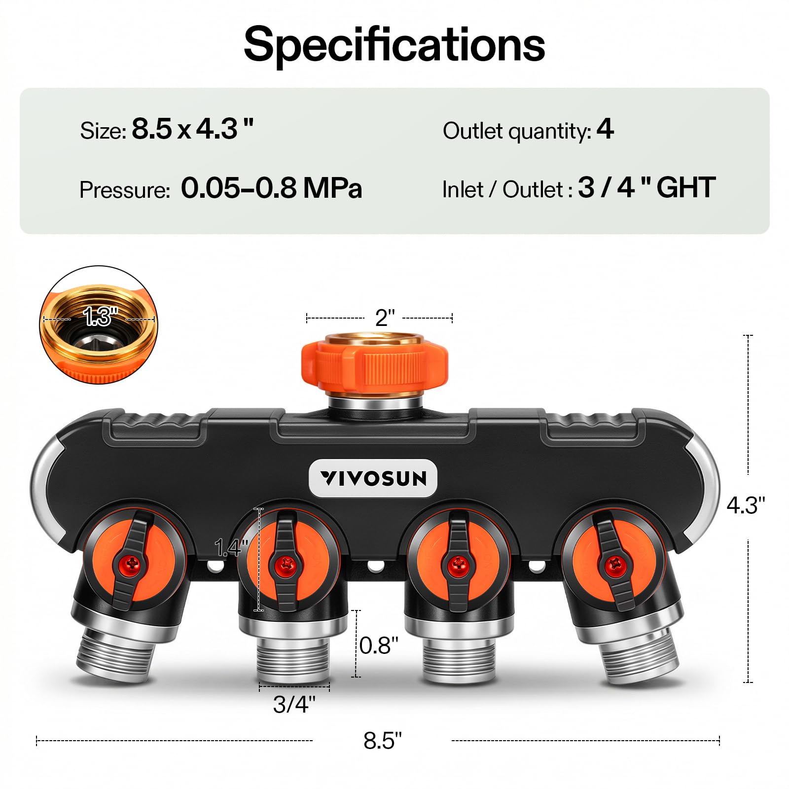 VIVOSUN 4-Wege-Gartenschlauch-Splitter, Wasserschlauchanschluss, Wasserhahn-Adapter mit bequemem, gummiertem Griff für Tropfbewässerung, Rasen