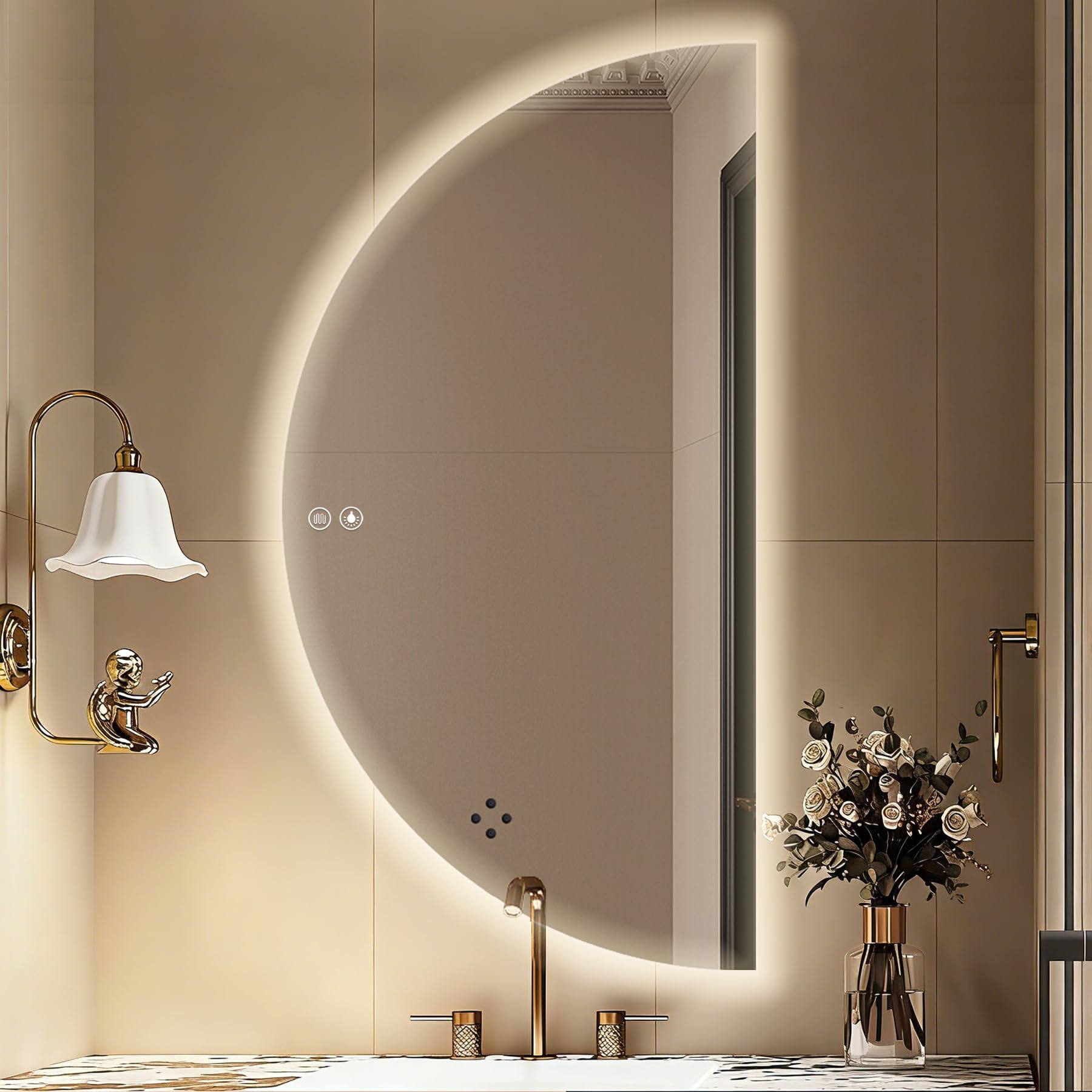GXSDYYDS Led Mirror Bathroom 900x450mm, Bathroom LED Mirror with Anti-Fog, 3 Colors Dimmable[3000K/4000K/6500K], IP66 Waterproof, Memory, HD Tempered Glass, Half Moon