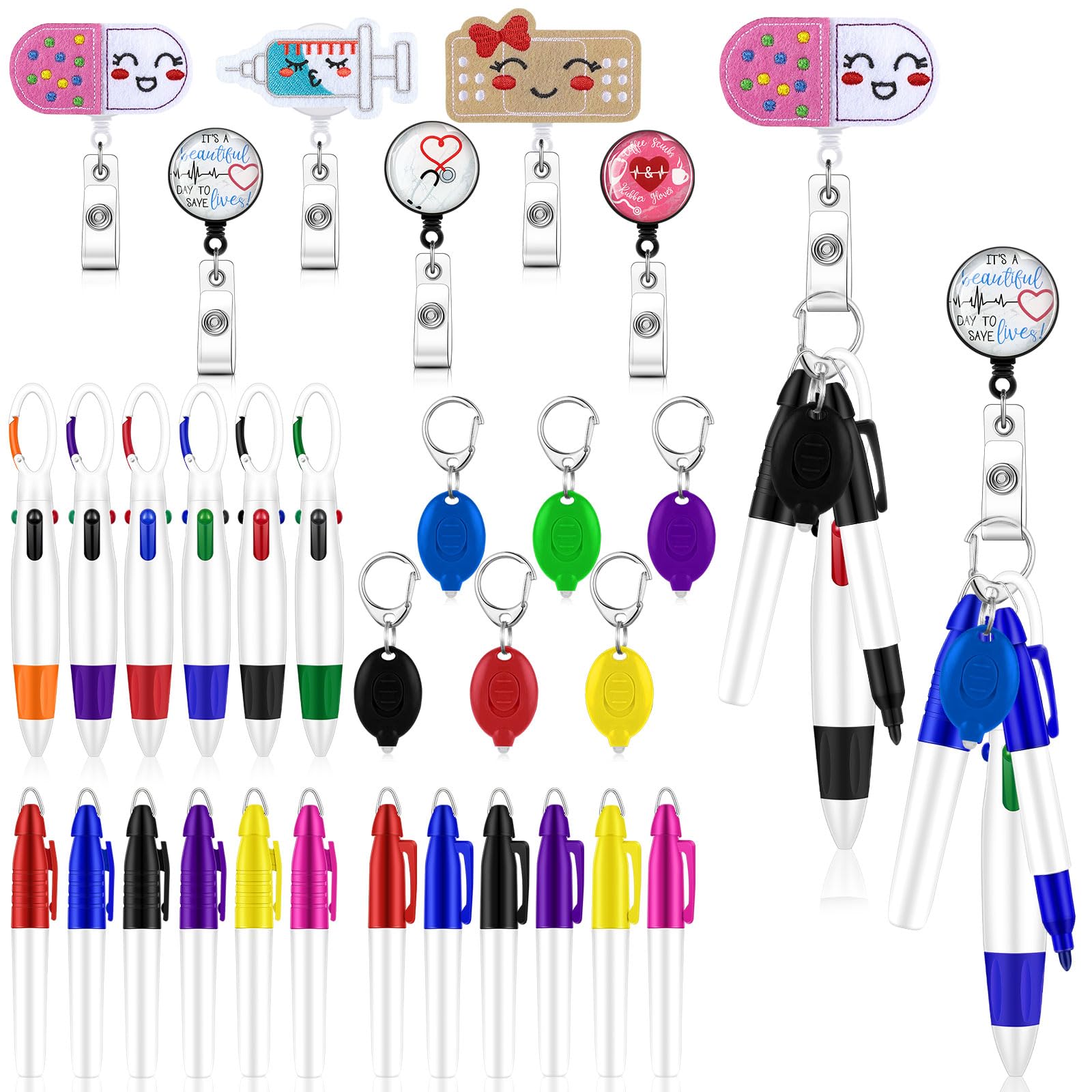 30 Pieces Nursing Badge Reel Mini Flashlight Keychain Permanent Markers Nursing Goodie Set Retractable Felt Badge Reel Mini Markers for Nurses Doctor