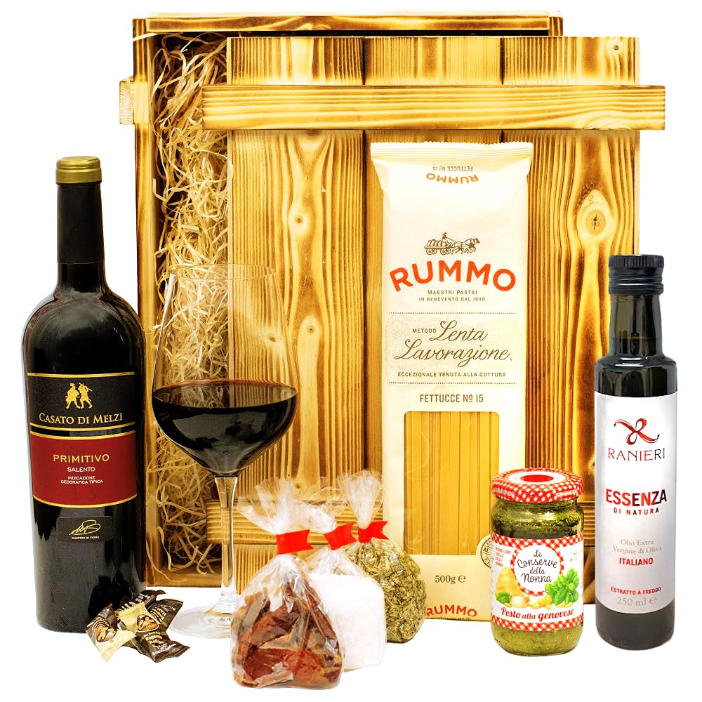 Italienisches Geschenkset „Verona“ | Geschenkkorb gefüllt mit Wein, italienischen Spezialitäten & edler Holzkiste | Präsentkorb für Frauen & Männer zum Geburtstag, Weihnachten