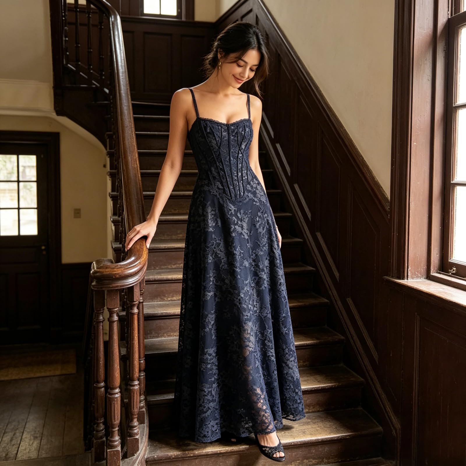 Vestido de dama de honor con tirantes delgados para mujer, con encaje floral, cuello drapeado, largo, plisado, formal, vestido de noche de boda