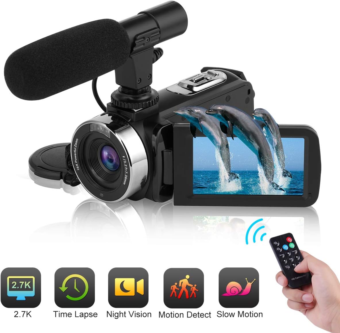 Camcorder Digital Video Camera Vlogging Camera with Microphone Full HD 1080P 30FPS 24MP 3 Inch LCD Touch Screen 270 Degree Rotation LCD for YouTube Camera with Remote Control