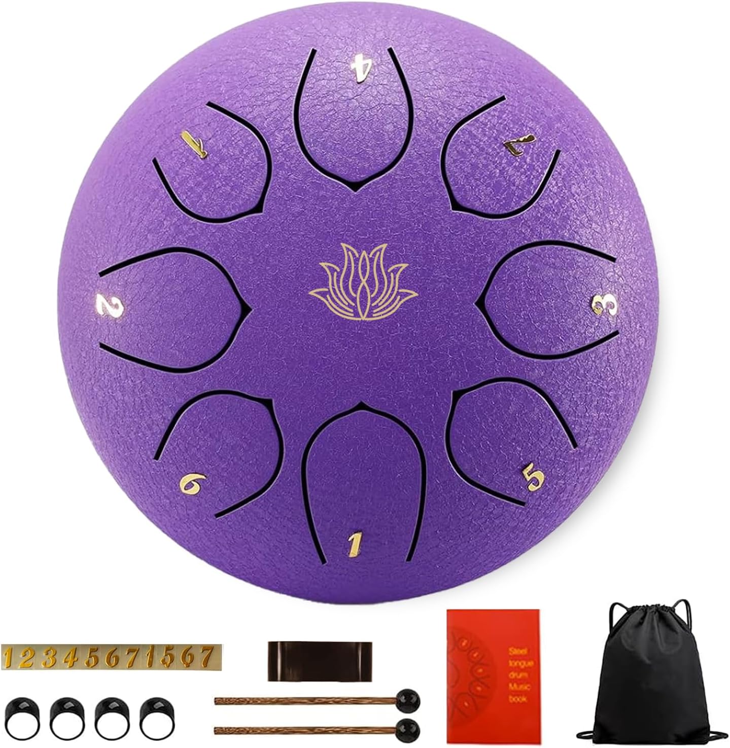 Eavnbaek Rain Chime Drum - 8 Note 6 Inch Rain Drum for Outside Garden, with Bag, Music Book, Drumsticks, Mallet Holder and Finger Paddles, Steel Tongue Drum for Gifts Yoga Education (Purple)