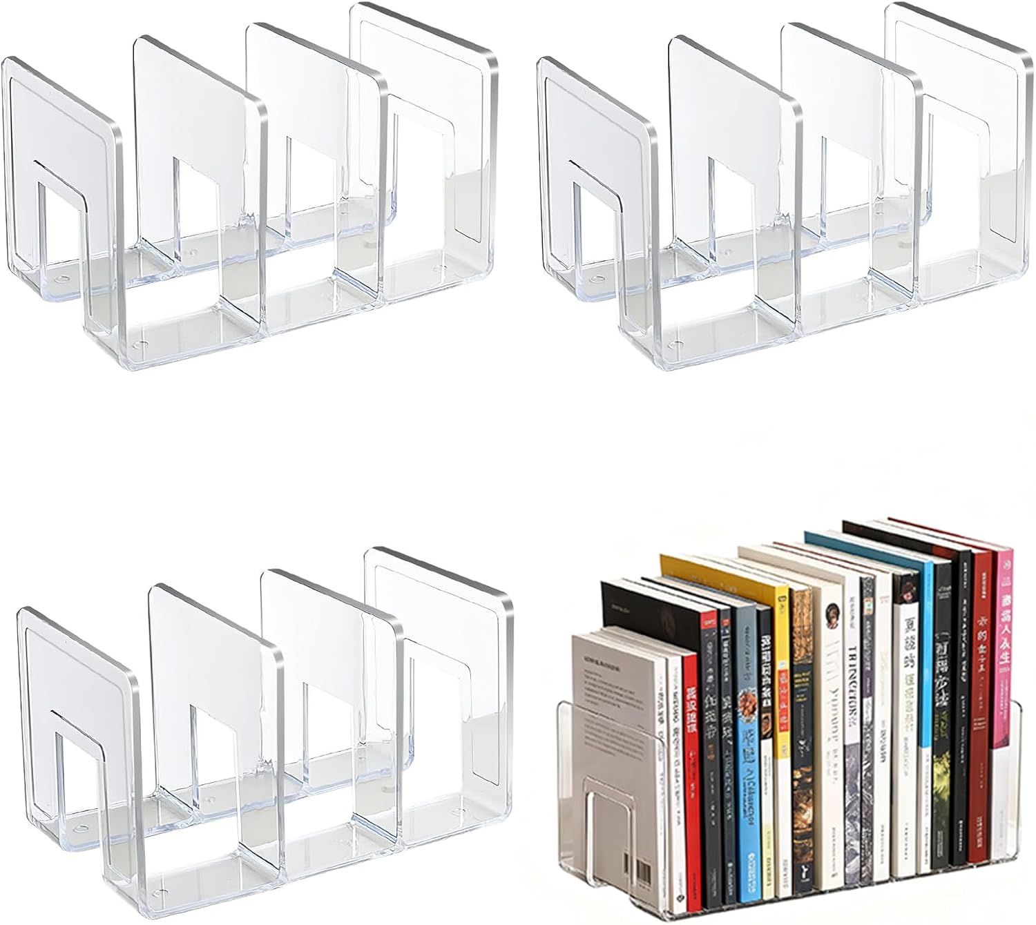 4 PCS Plastic Book Organizer, 3-Section Desktop File Sorter, Longer Thicker Divided Holders for Books, Envelopes, Notebooks, Bags, Handbags, Purses