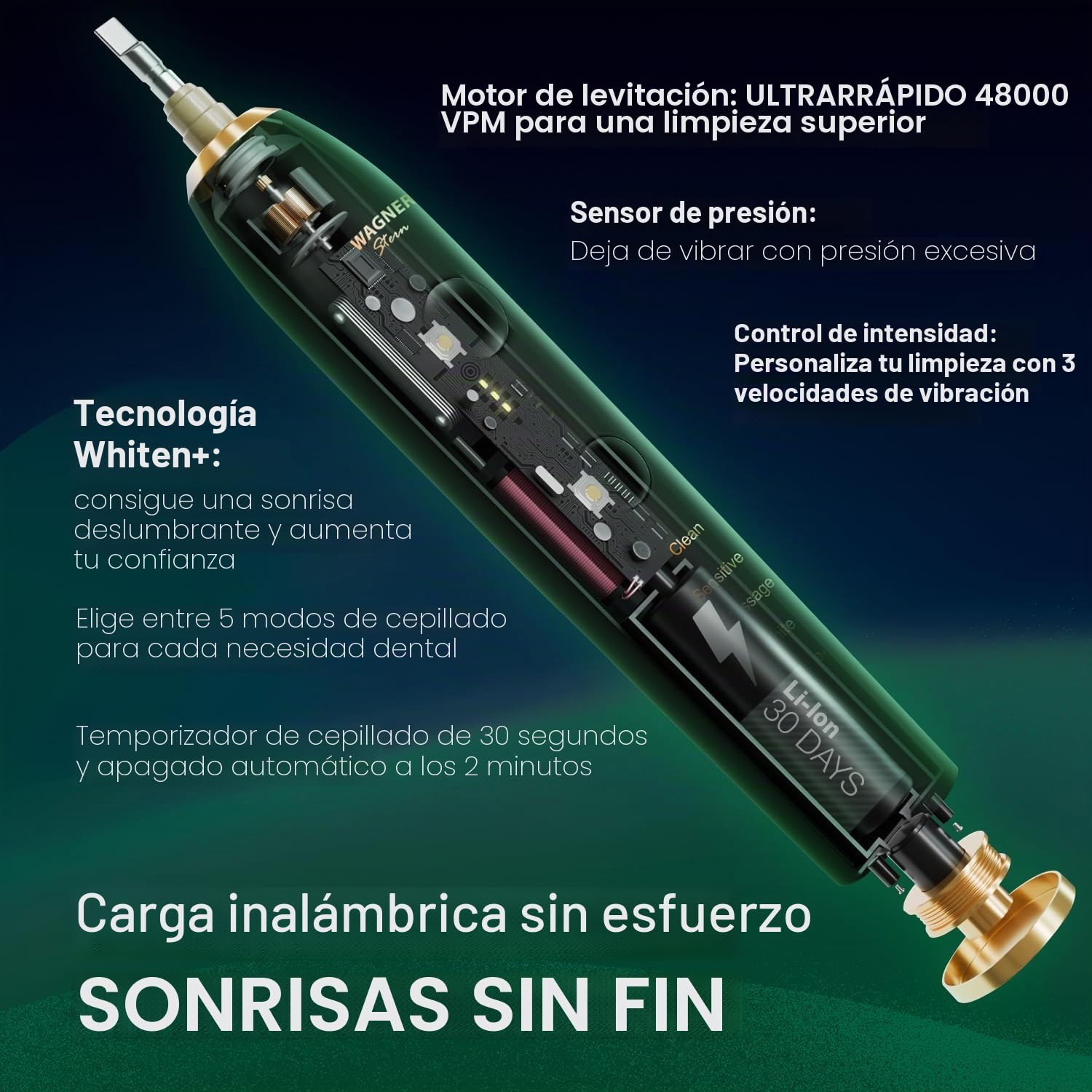 Wagner Stern WHITEN+ Edition. Cepillo de dientes eléctrico blanqueador con sensor de presión. Ofrece 5 modos de cepillado, 3 intensidades, 8 cabezales de cepillo suaves y un estuche de viaje de lujo.