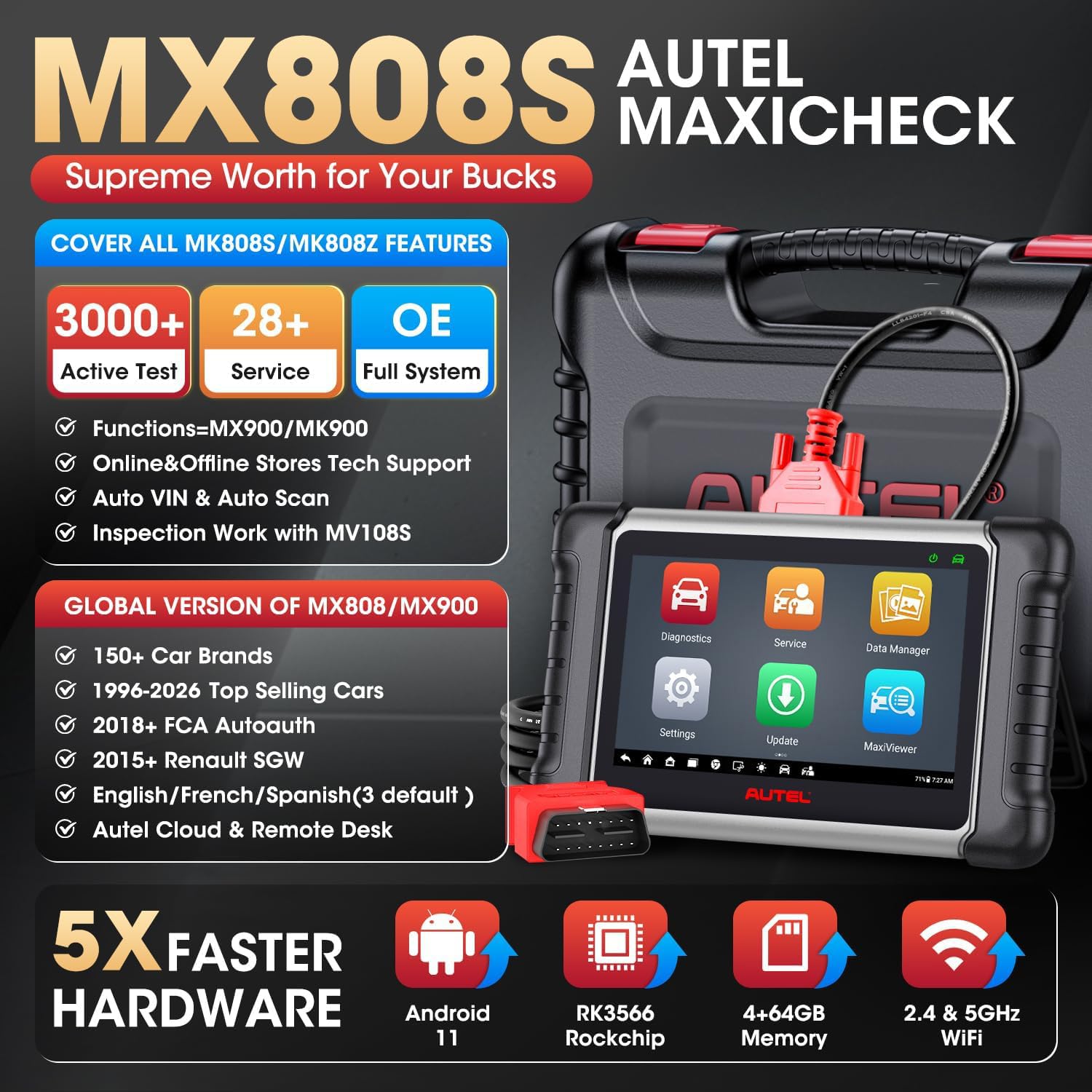 Autel MaxiCheck MX808S, 2026 Completo Bidirezionale come MK900BT MK808BT PRO, 4G+64G 2.4G & 5G WiFi, 28+ Servizi, OS11, 10X Più Veloce, Tutto SIS, Nuova Ver di MaxiCOM MK808, Funziona come MK900 MX900