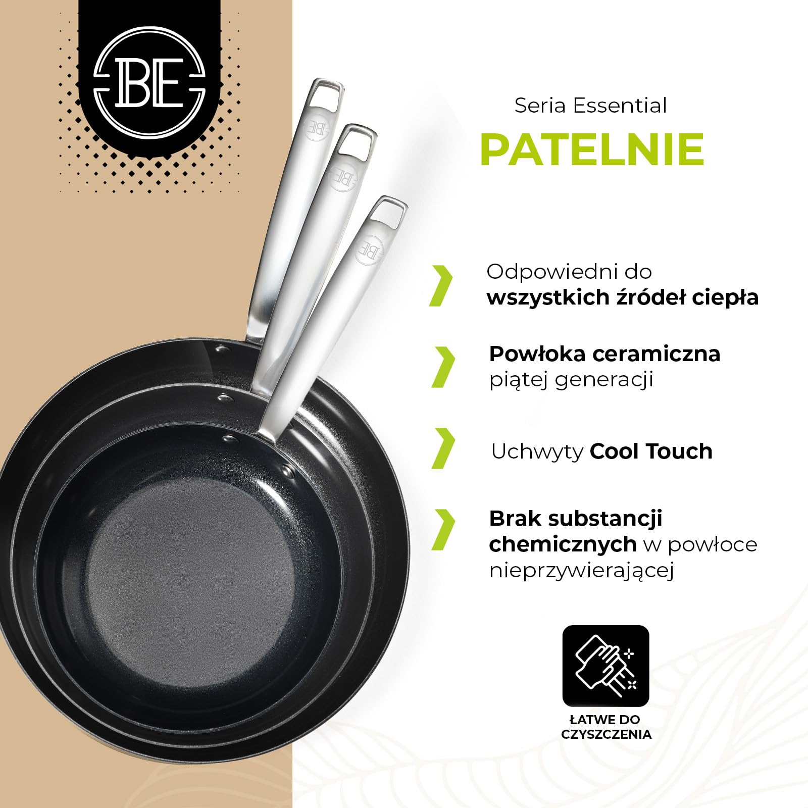 BE living Zestaw patelni ze stali nierdzewnej – Ø 20, 24 i 28 cm – ceramiczne – indukcyjne – bez PFAS, nieprzywierające – patelnia – seria Essential